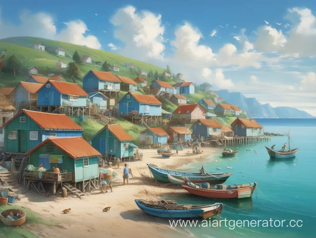 Charming-Coastal-Scene-with-Traditional-Fishing-Village-by-the-Sea