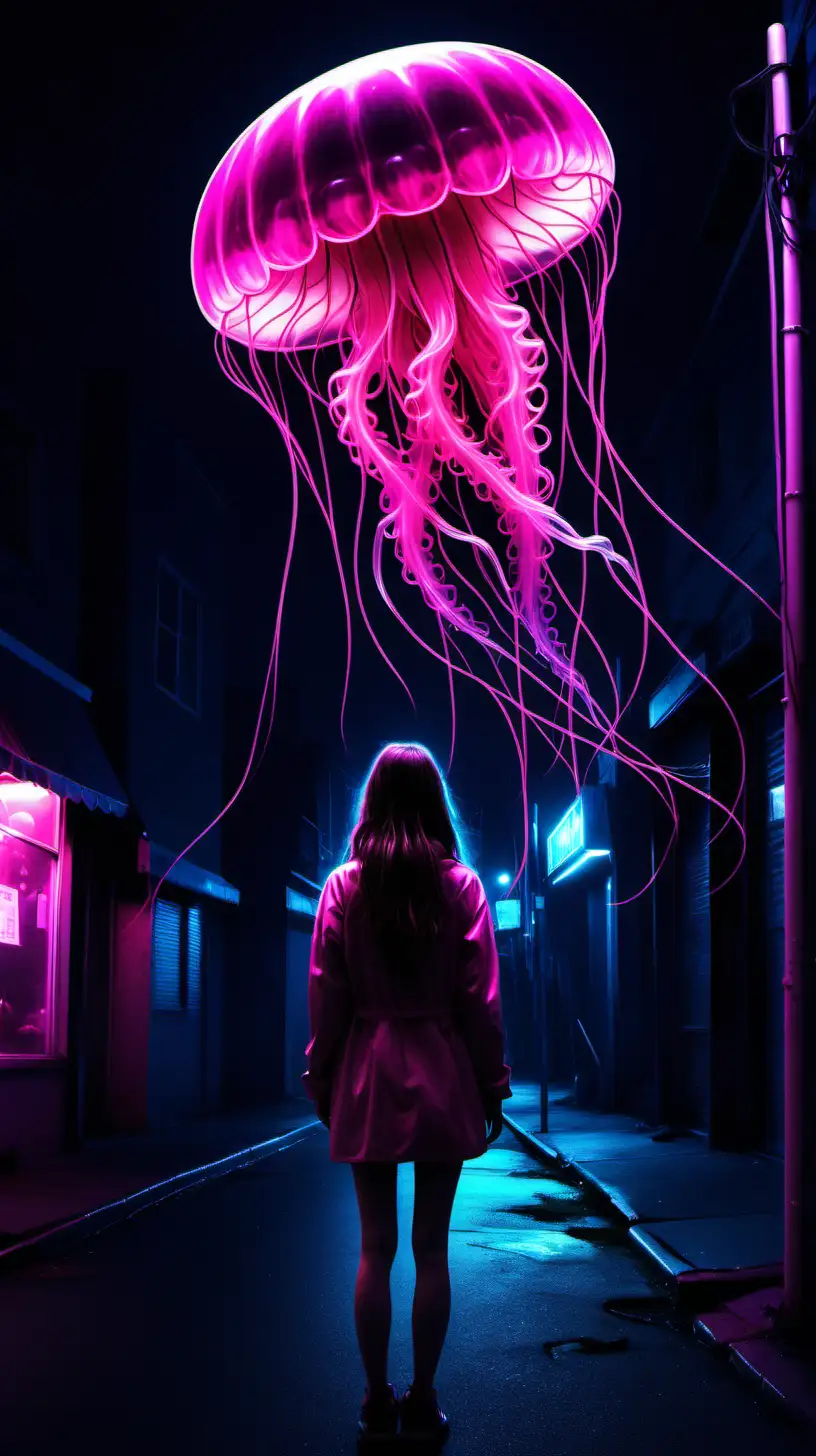 pink empty soul lonely night city lights neon girl meets one jellyfish flying dark 
