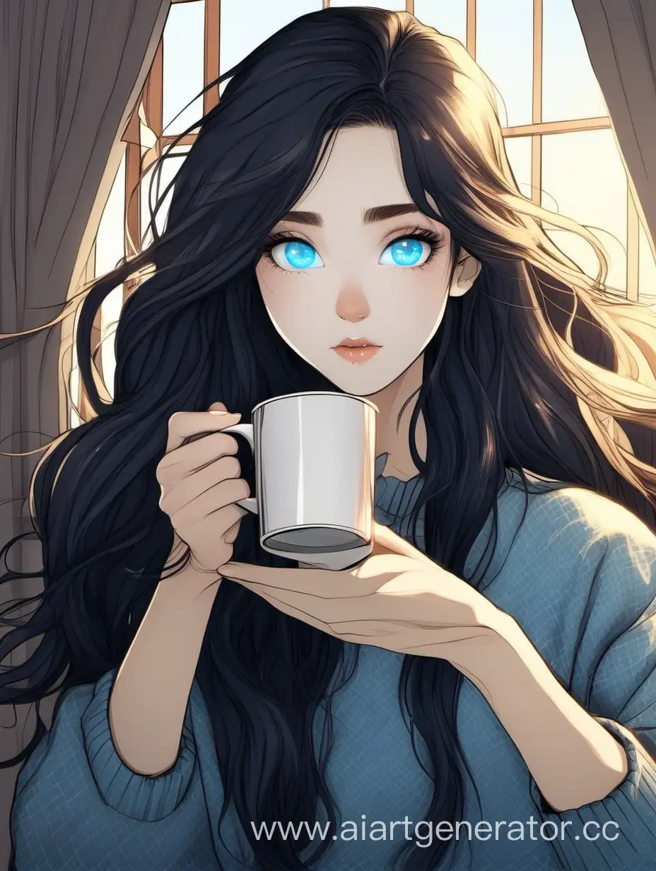 Девушка с длинными темными волосами, голубыми глазами, светлой кожей пьет кофе