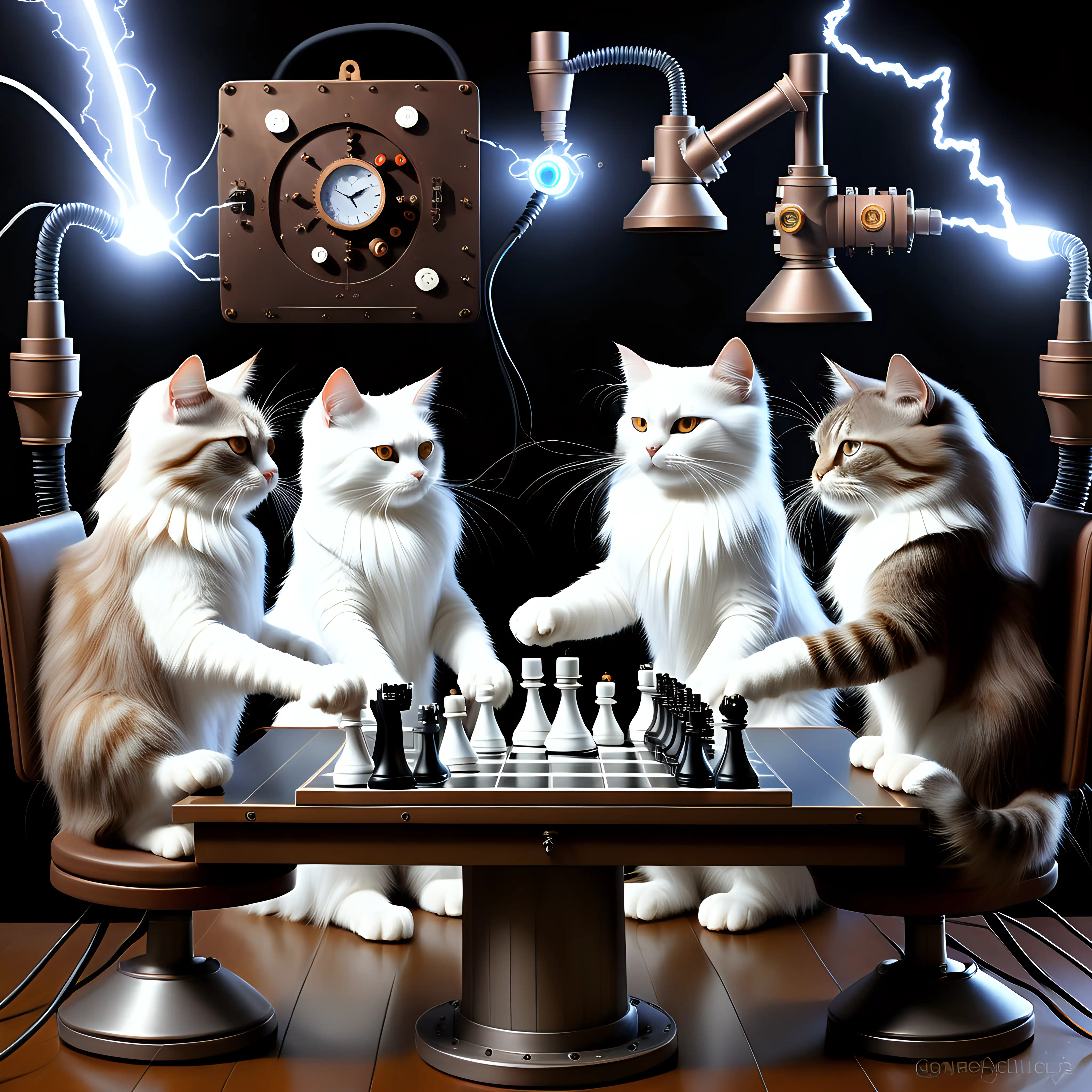 surrealistic painting of exactly 4 longhaired steampunk cats playing chess in an electric labo with a tesla coil. 2 cats are white. 1 cat is black and white. 1 cat is brown and white.