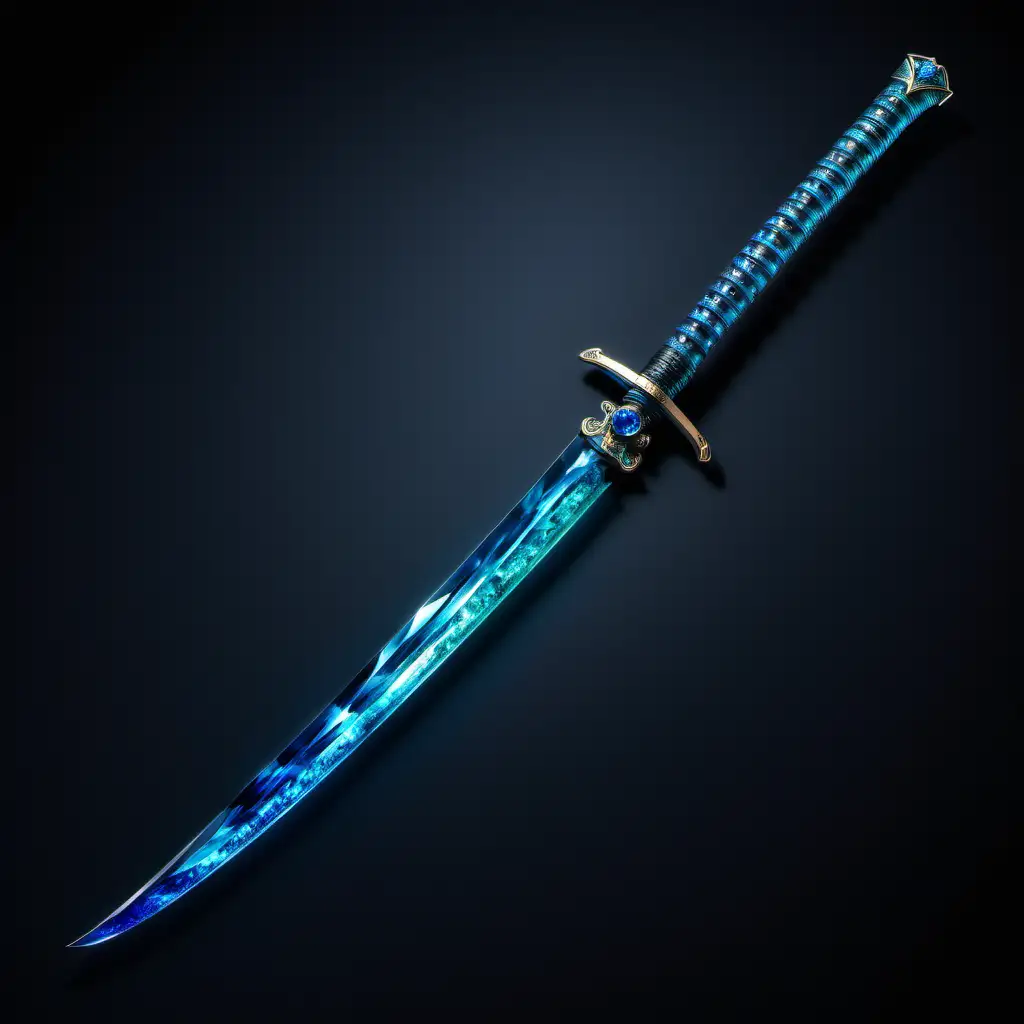a vivid, luminous sapphire katana with deep green hues and a celeste blue gem embedded in the guard