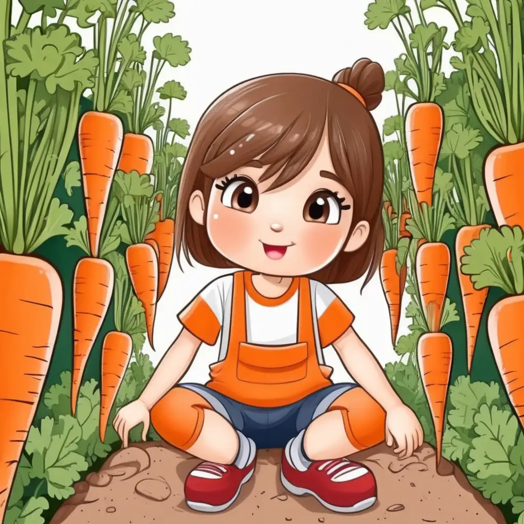 Adorable Cartoon Girl Engaged in Playful Carrot Farming