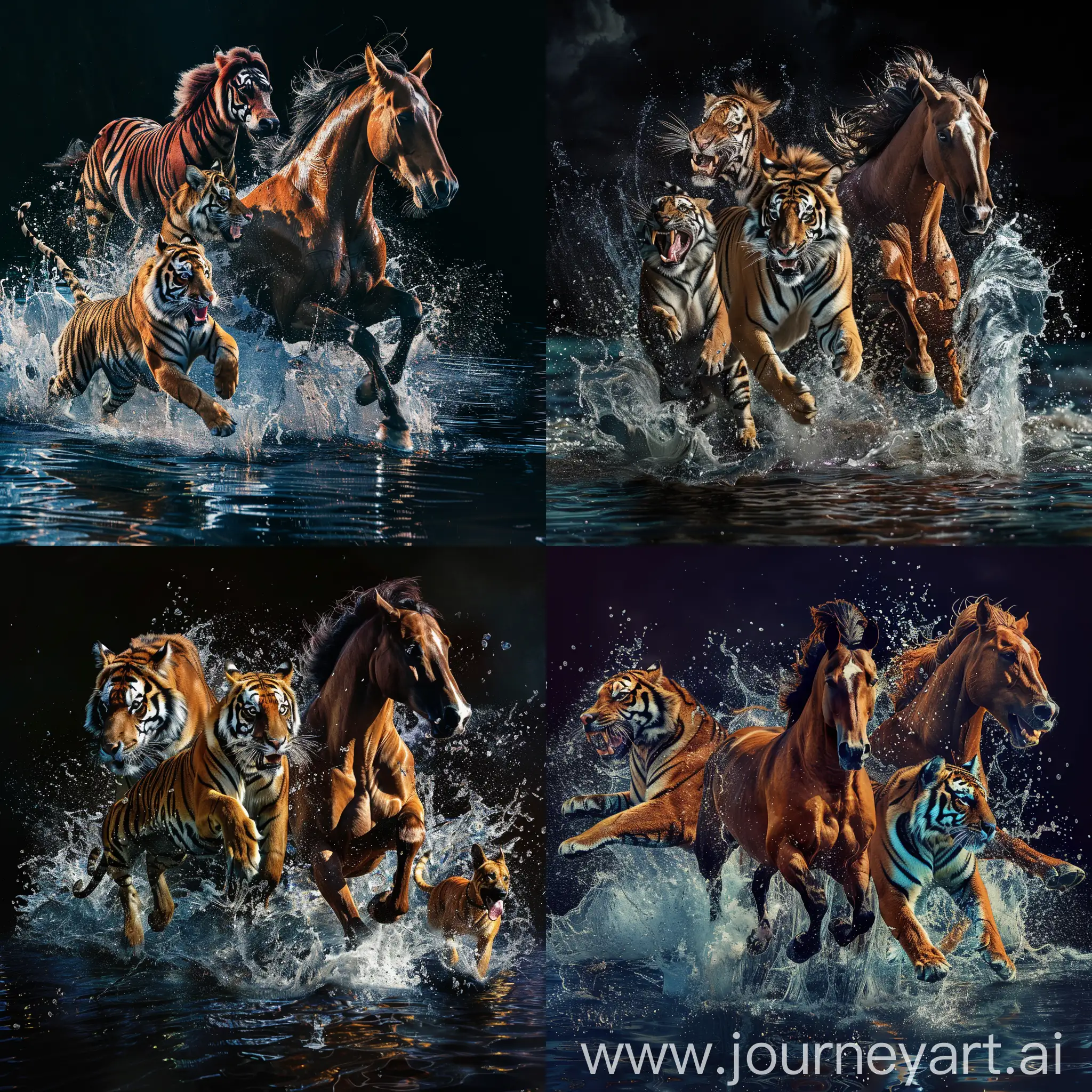 Лошадь, тигр и собака бегут рядом, по воде, с брызгами, на темном фоне, 4К