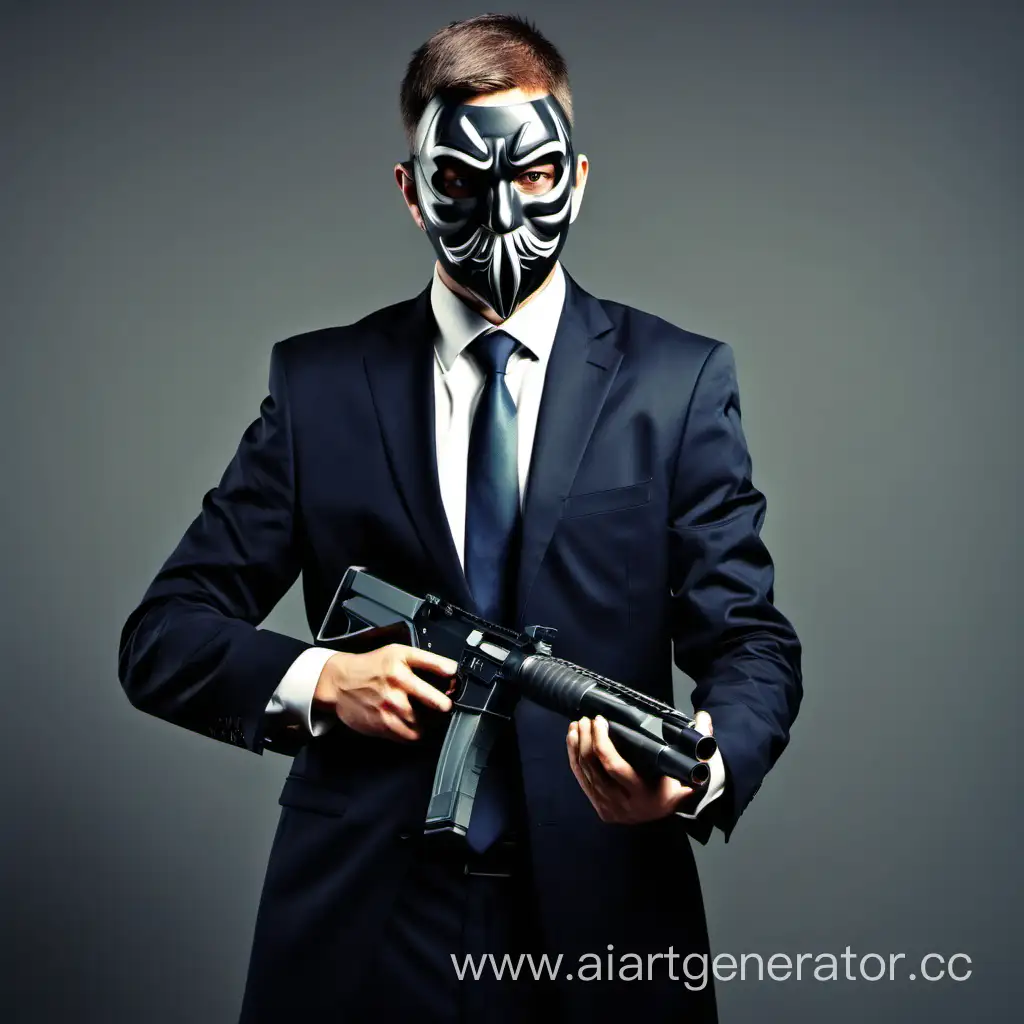 человек в деловом костюме и маске с пистолетом