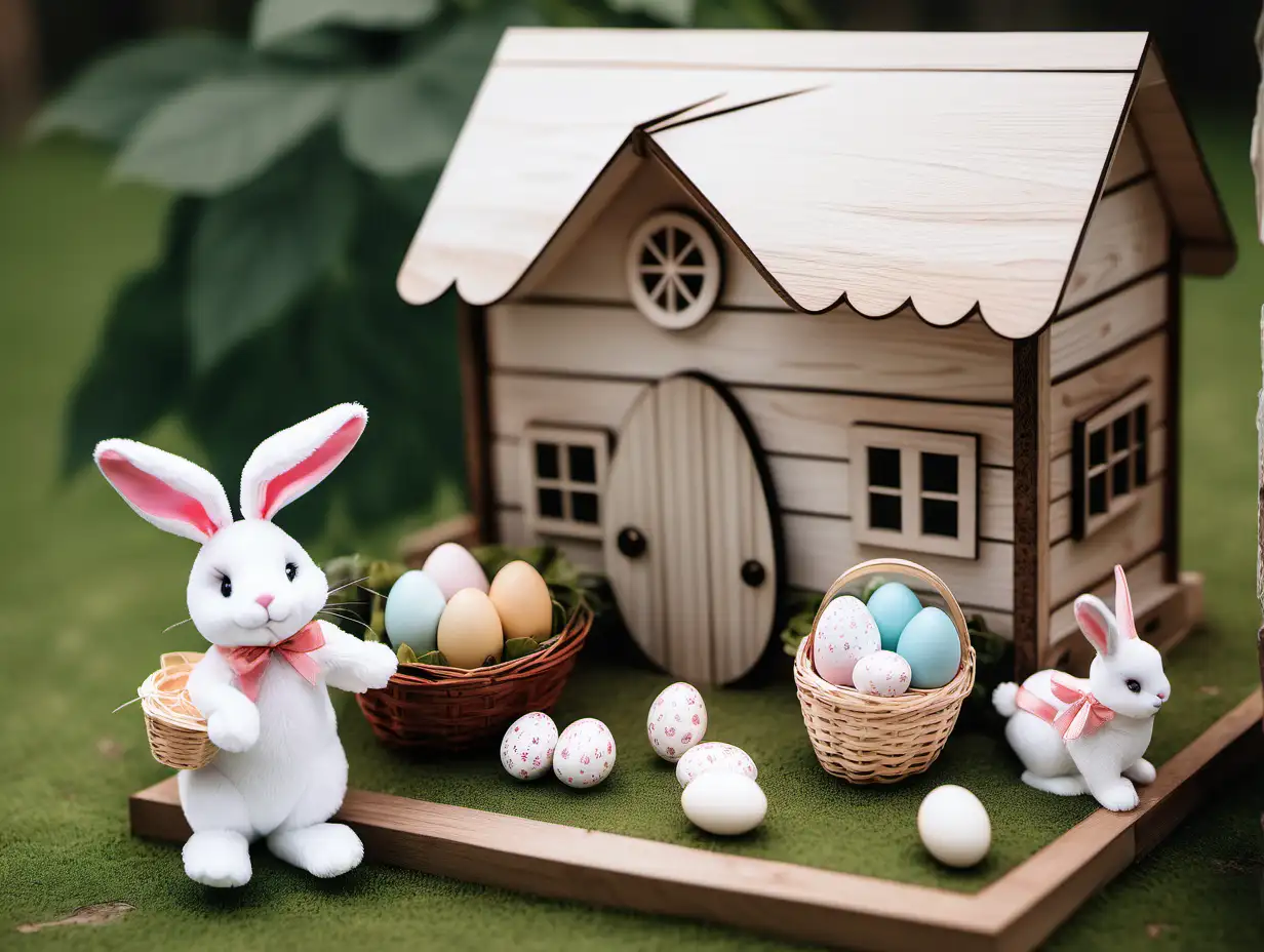 casa de madera, parque, conejo romantico, canastos con huevos, canasta con flores