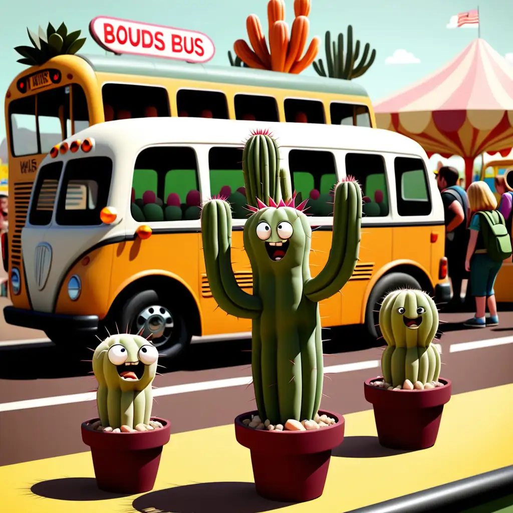 cartoon cacti getting on the bus at the fair 