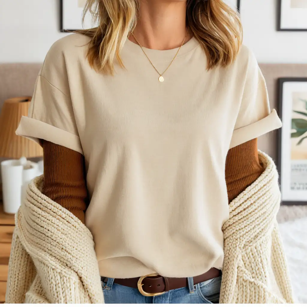 realistic blonde hair woman wearing oversized soft cream gildan 5000 t-shirt folded sleeves crewneck and brown knitted cardigan, boho room background, body facing front