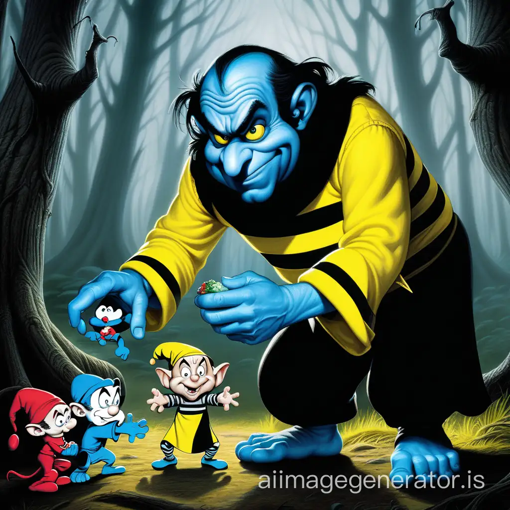 In a shadowy forest, Gargamel stands tall, dressed in a striped yellow and black shirt. His eyes gleam with malice as he holds a struggling Smurf in one hand, ready to devour it. In his other hand, another Smurf awaits a similar fate. The scene is eerie, with twisted trees casting dark shadows, setting the stage for Gargamel's sinister feast.