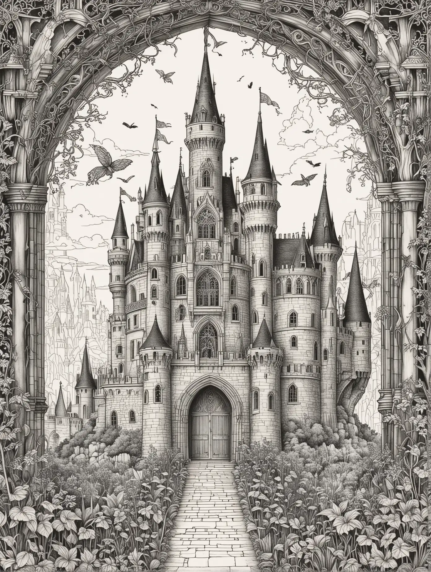 vintage style fairytale colouring book, gothic castle
