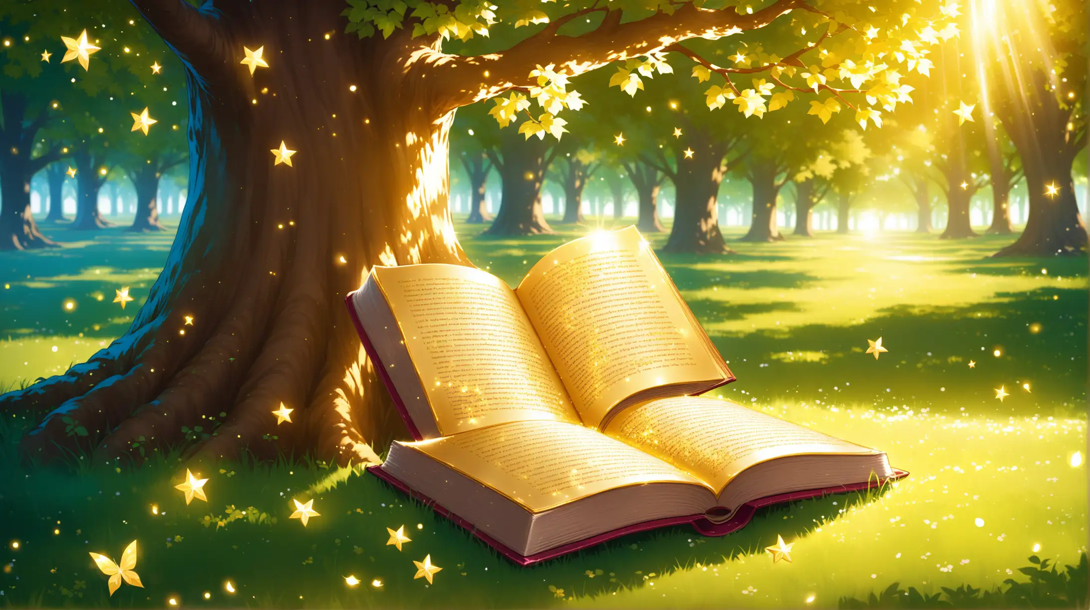 magical book with shimmering golden pages under a tree
