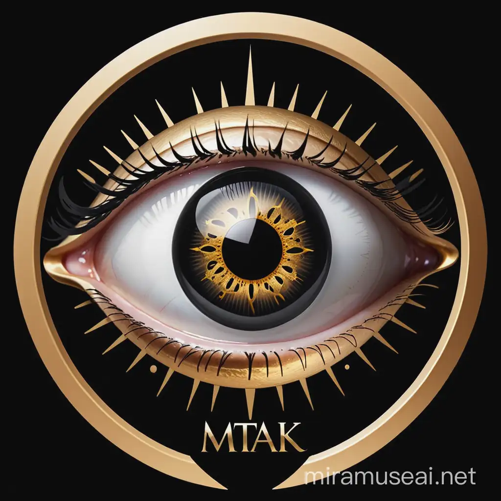 The design of a eye with a black background with the word "MTAK" written in the middle of the logo in gold color with Latin font.


