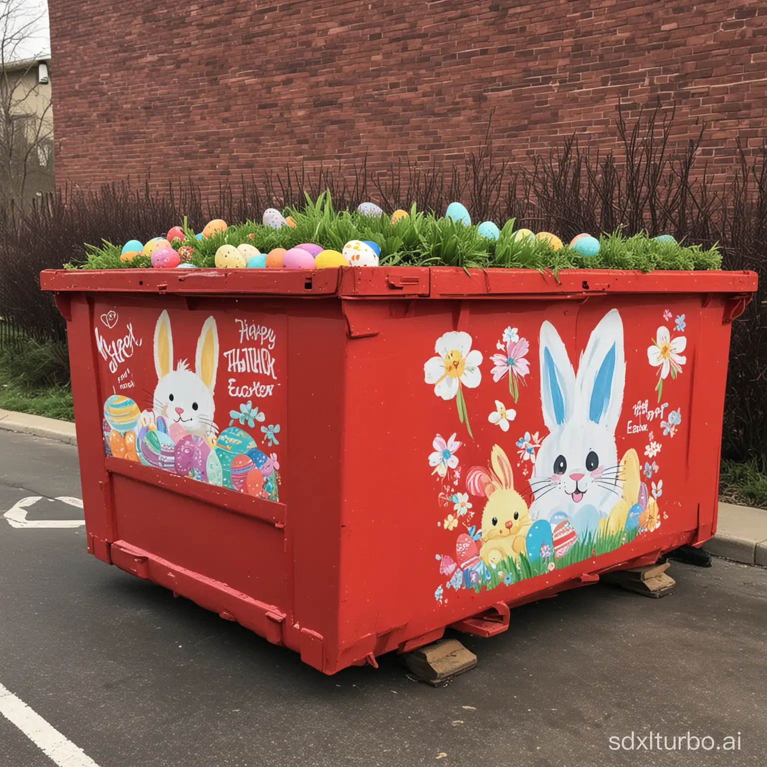 Red dumpster with Easter theme