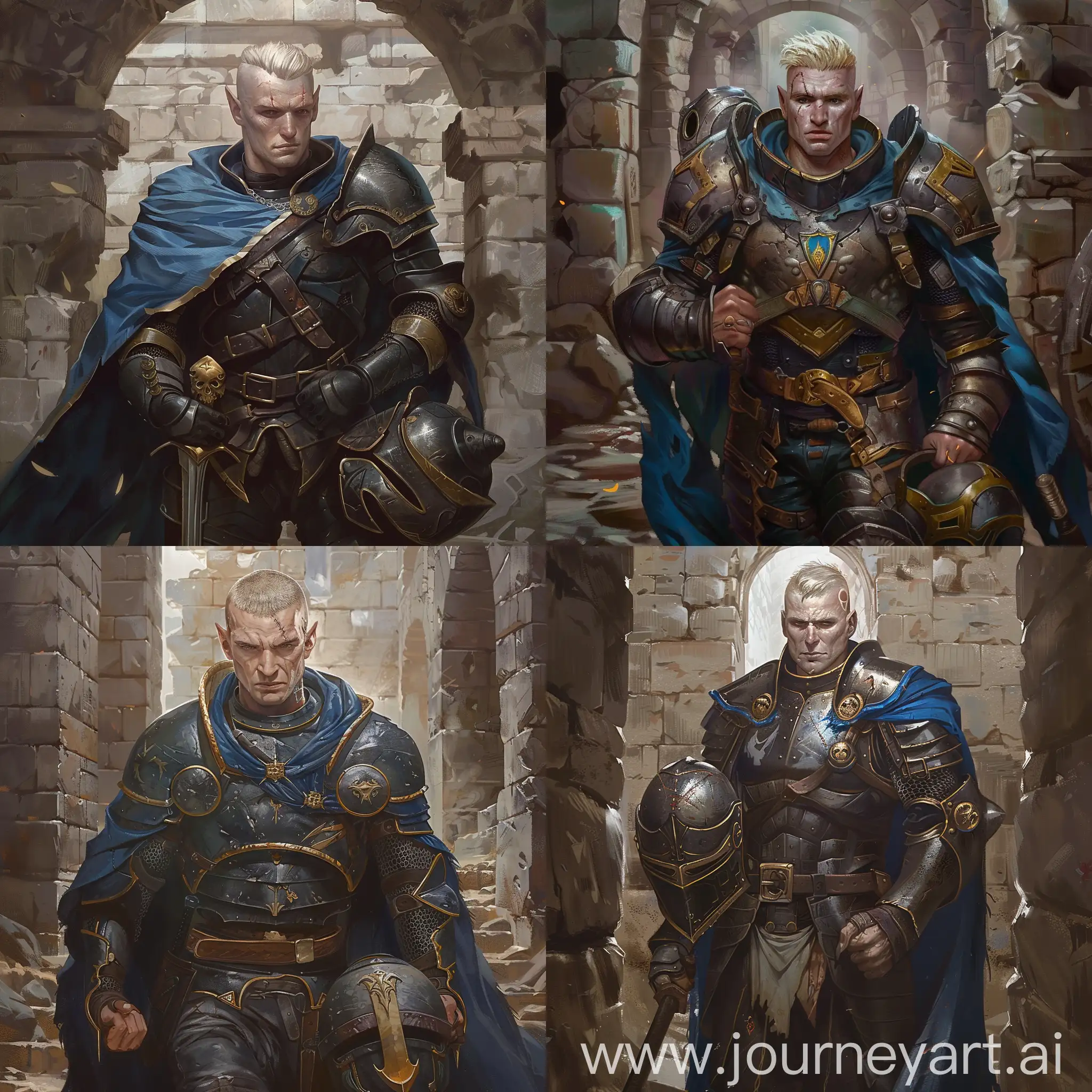 Draw a realistic art of character from the "Pathfinder: Wrath of the Righteous" video game according to the following description:
He is a tall athletic human paladin. He has pale blond hair with medieval monk bowl haircut. His rugged face of a grizzled veteran is clean shaven. He has a large scar over his face.
He wears a full suit of medieval crusader armor with helmet in his hands. Armor is black with gold trim, with blue cape over the shoulders.
He is making his way through a stone fortress
