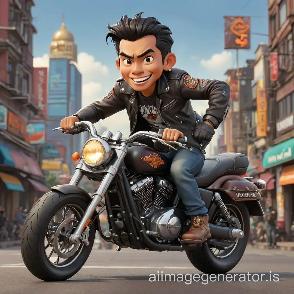3d caricature of Indonesian man wearing leather jacket riding a Harley davidson. Boots, jeans. Background displays cityscape. Enlarged head, detailed, Three is big neon text box on background 'OTW PALEMBANG'. Smile, fast speed riding, bokeh