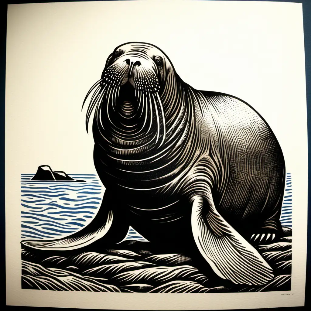 Detailed Block Print of a Lifelike Walrus