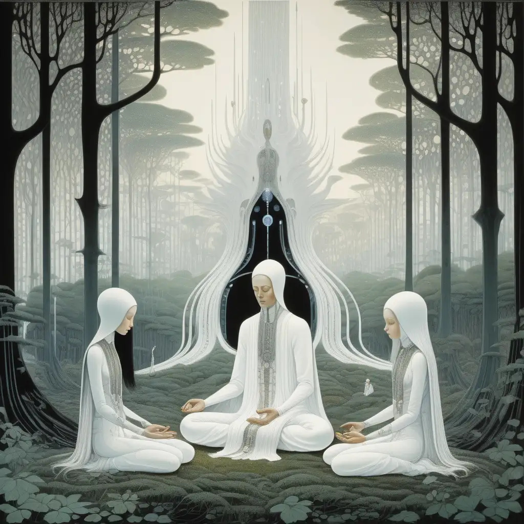 Futuristic Family Meditation in Enchanting Kay Nielsen Style Forest