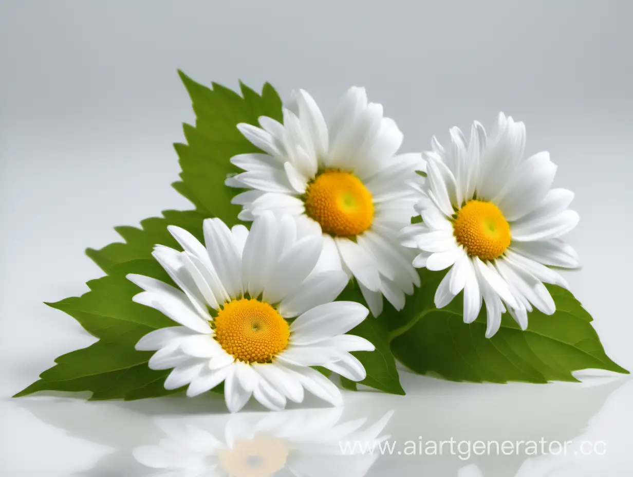 Vibrant-3D-Daisies-with-Green-Leaves-on-White-Background