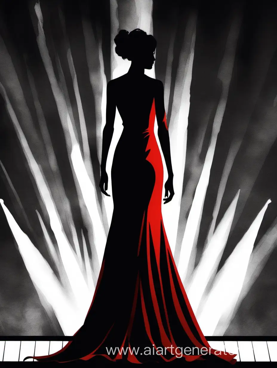 a black silhouette of a woman, red long dress, she is on the stage, behind her there is a piano