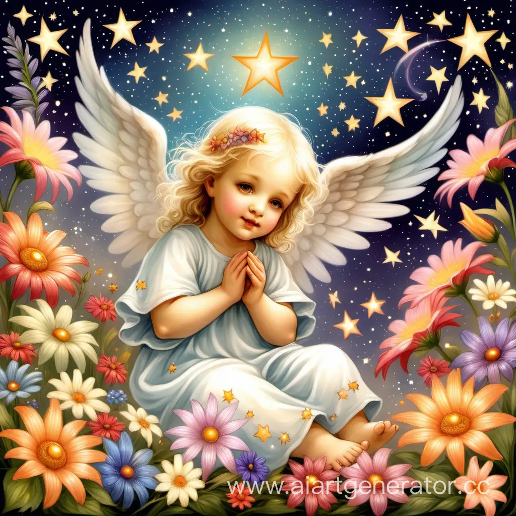 совсем маленький добрый и доверчивый ангелочек именно в нижнем и в левом углу, вокруг красивые цветы, разноцветные звёздочки