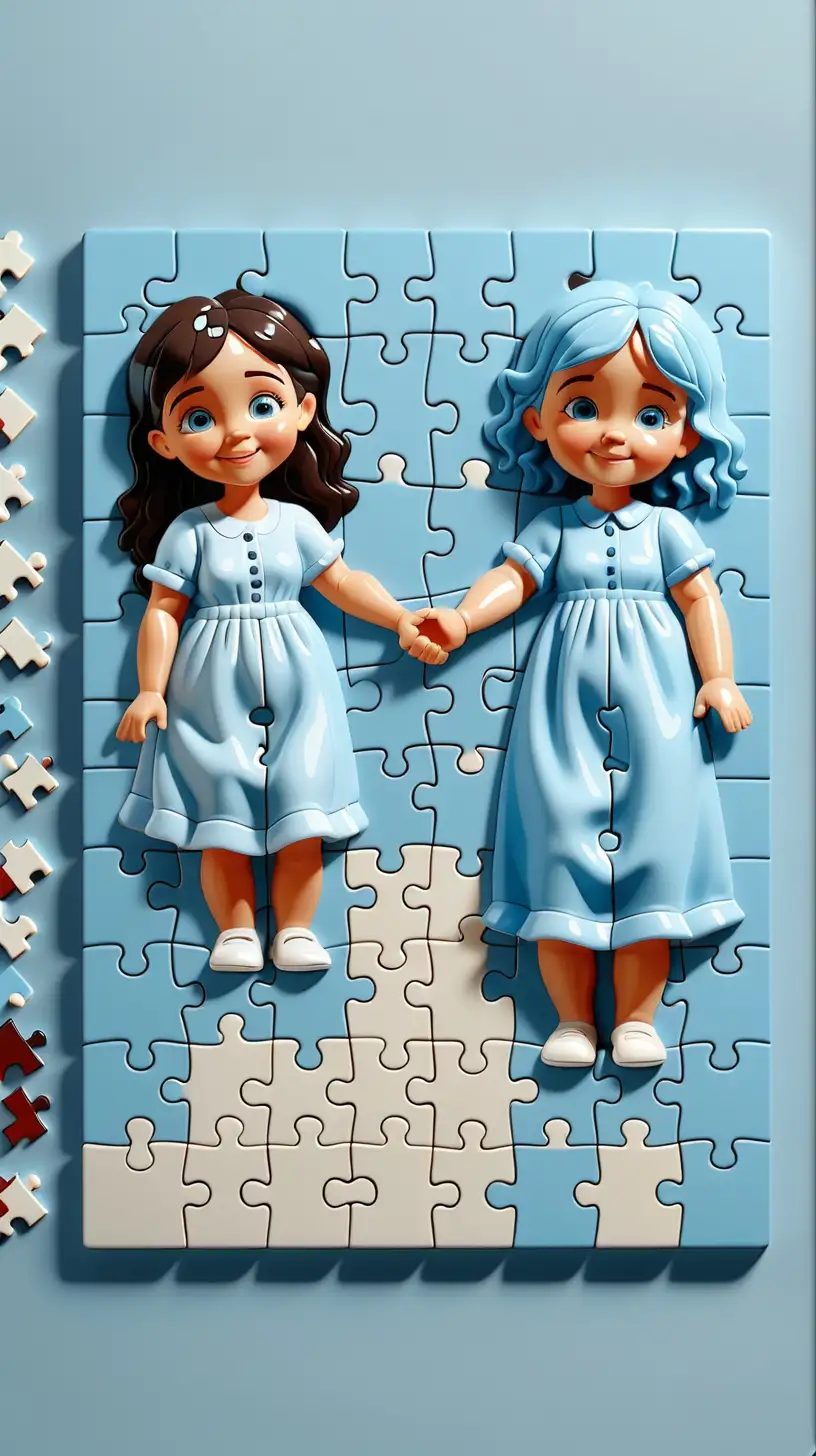  Design a puzzle with pieces representing friends, partners, and life events, illustrating how harmonious alignment propels one twin ahead. baby blue