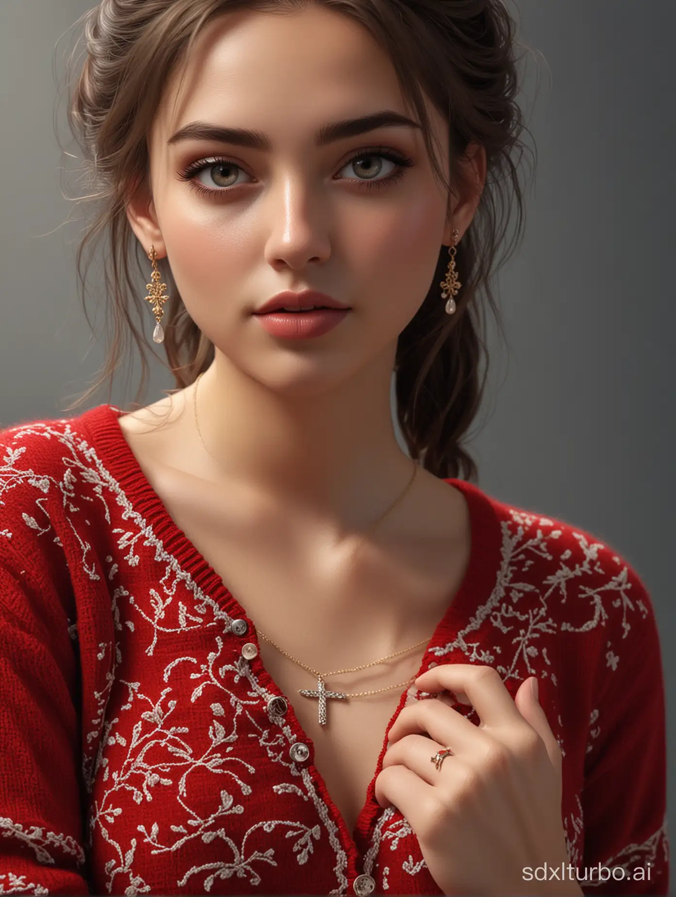 ((masterpiece)), (8k, photorealistic, RAW photo, best quality: 1.4), (1girl), beautiful face, (realistic face), short side cascading hairstyle, hair strand, realistic eyes, detailed eyes, (realistic skin), beautiful skin, fair skin, glistening skin, slender chest, (red wool sweater embroidery with golden thread with calibri font sentences), stone cross bracelet,  navel visible, short tight pants, cameltoe, absurdres, attractive, ultra high res, ultra realistic, highly detailed, close up, low angle photo shot