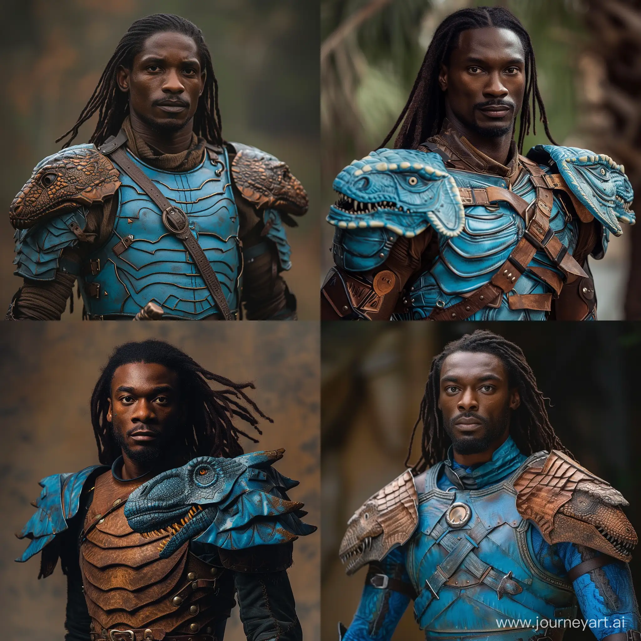 A black man with long hair wearing blue brown armor similar to a velociraptor