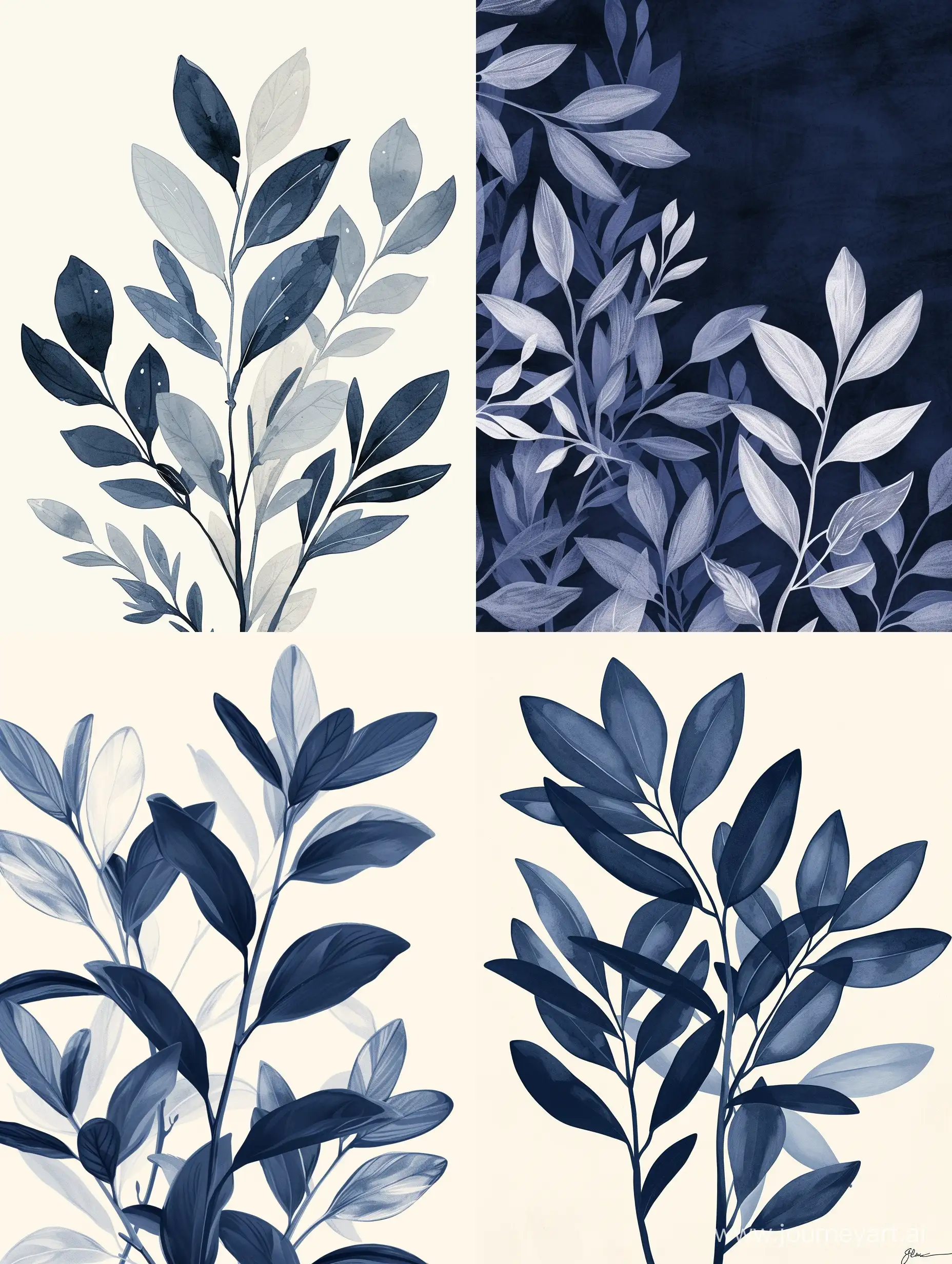 Abstract Floral Plant oil drawing Botanical Leaves Navy Blue Neutral, Boho Art, 8k