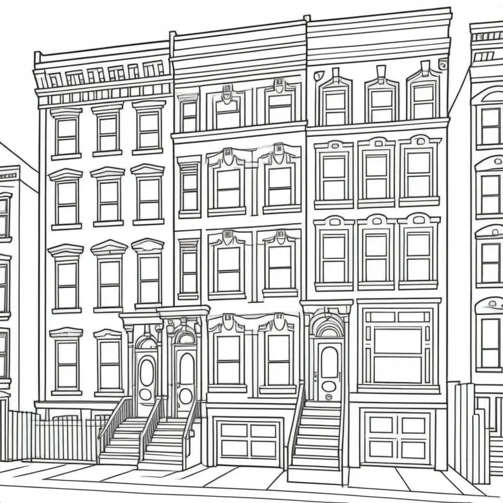 Playful New York City Townhouse Coloring Book Page for Young Colorists