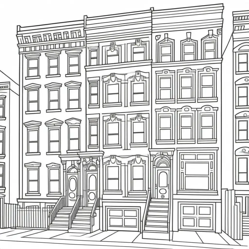 A Coloring book page with a playful new york city townhouse. The outlines should be simple and suitable for younger colorists.