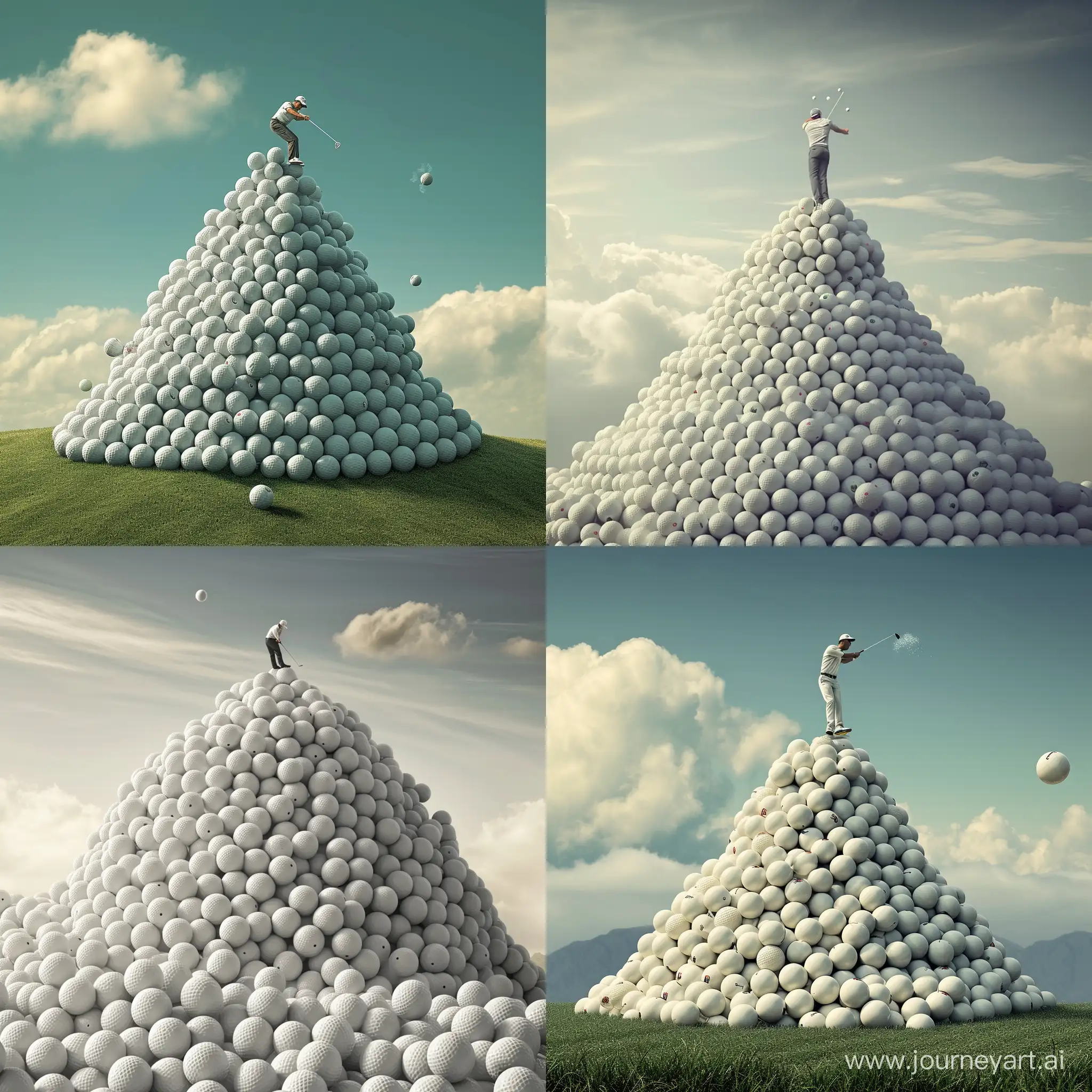 Lots of golf balls heaped like a mountain, with a person on top sending one flying to a distant hole