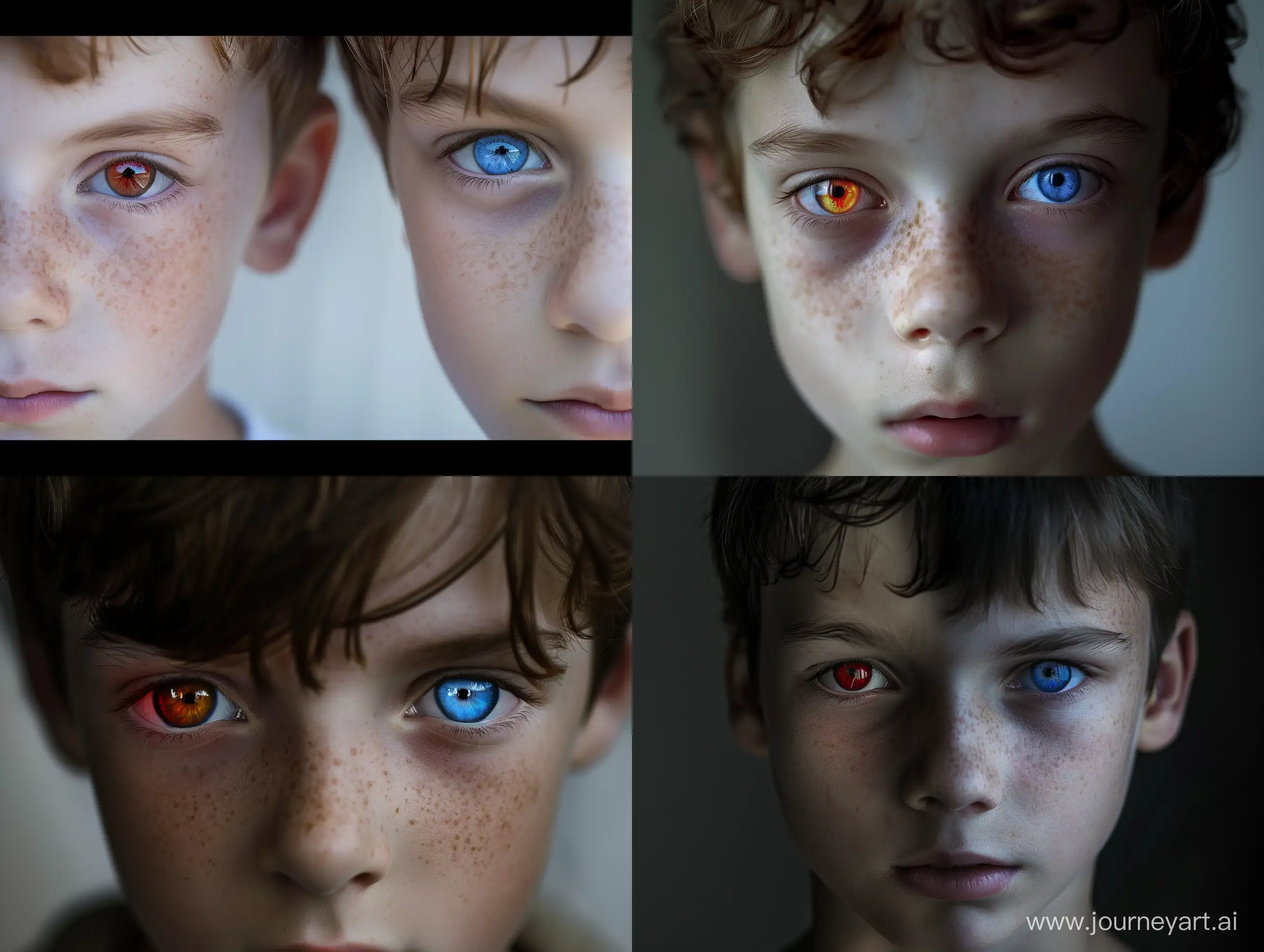 男生，左眼红色，右眼蓝色，温和从容