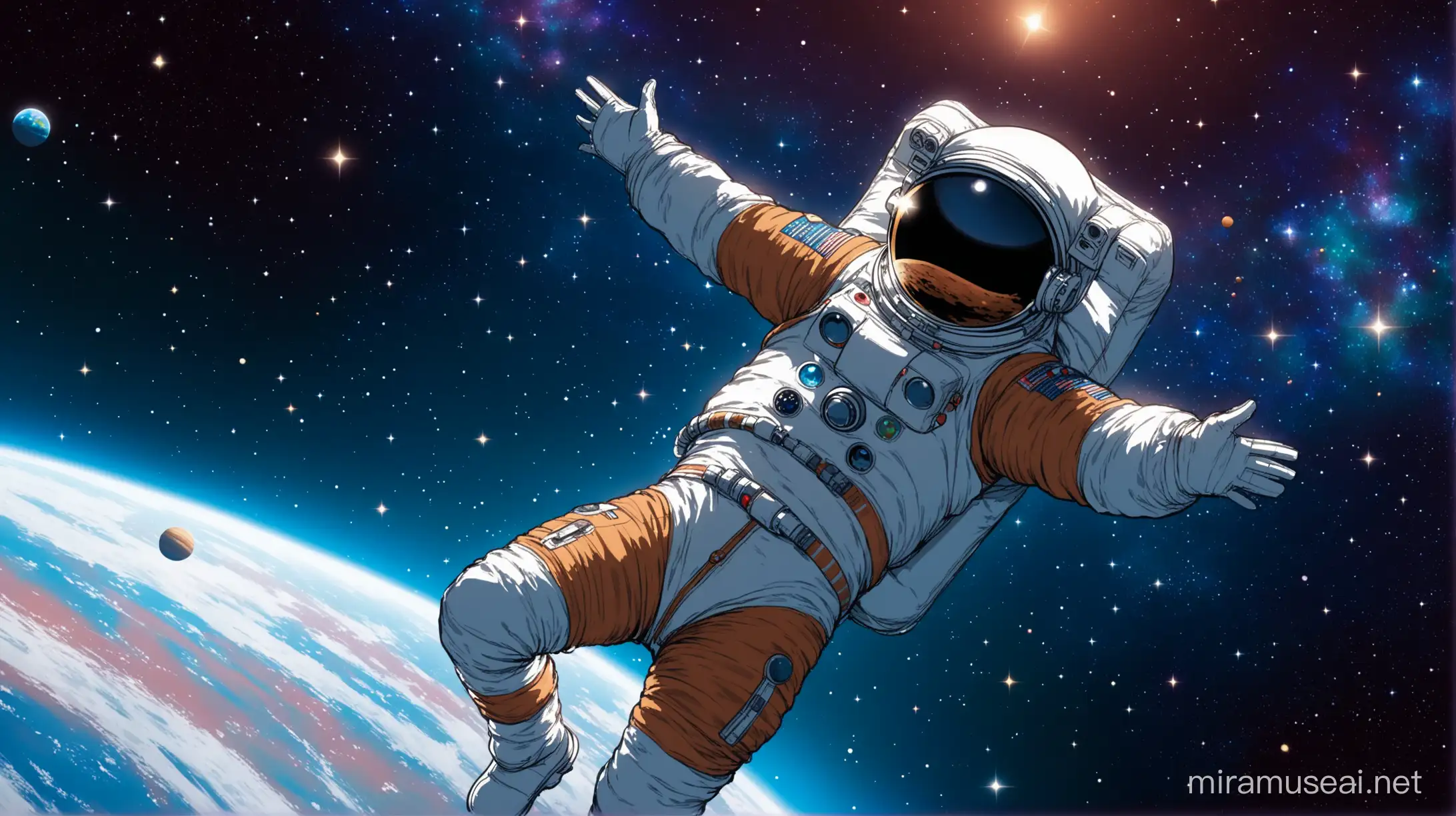 cover of a music video, a man in a cosmonaft costume flies in space among the stars and planets