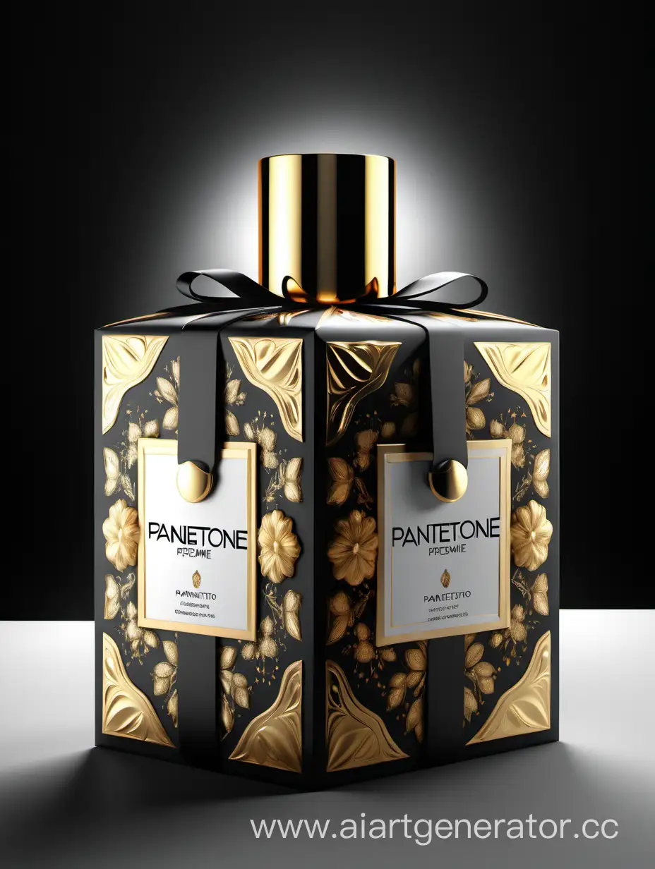 panettone perfume packaging box, floral italian sober graphic design, soft, modern natural drawn touch, black and gold and white gloss, 3d realistic render, perfect composition, beautiful detailed intricate insanely detailed octane render trending on artstation, 8 k artistic photography, photorealistic concept art, soft natural volumetric cinematic perfect light, chiaroscuro, award -