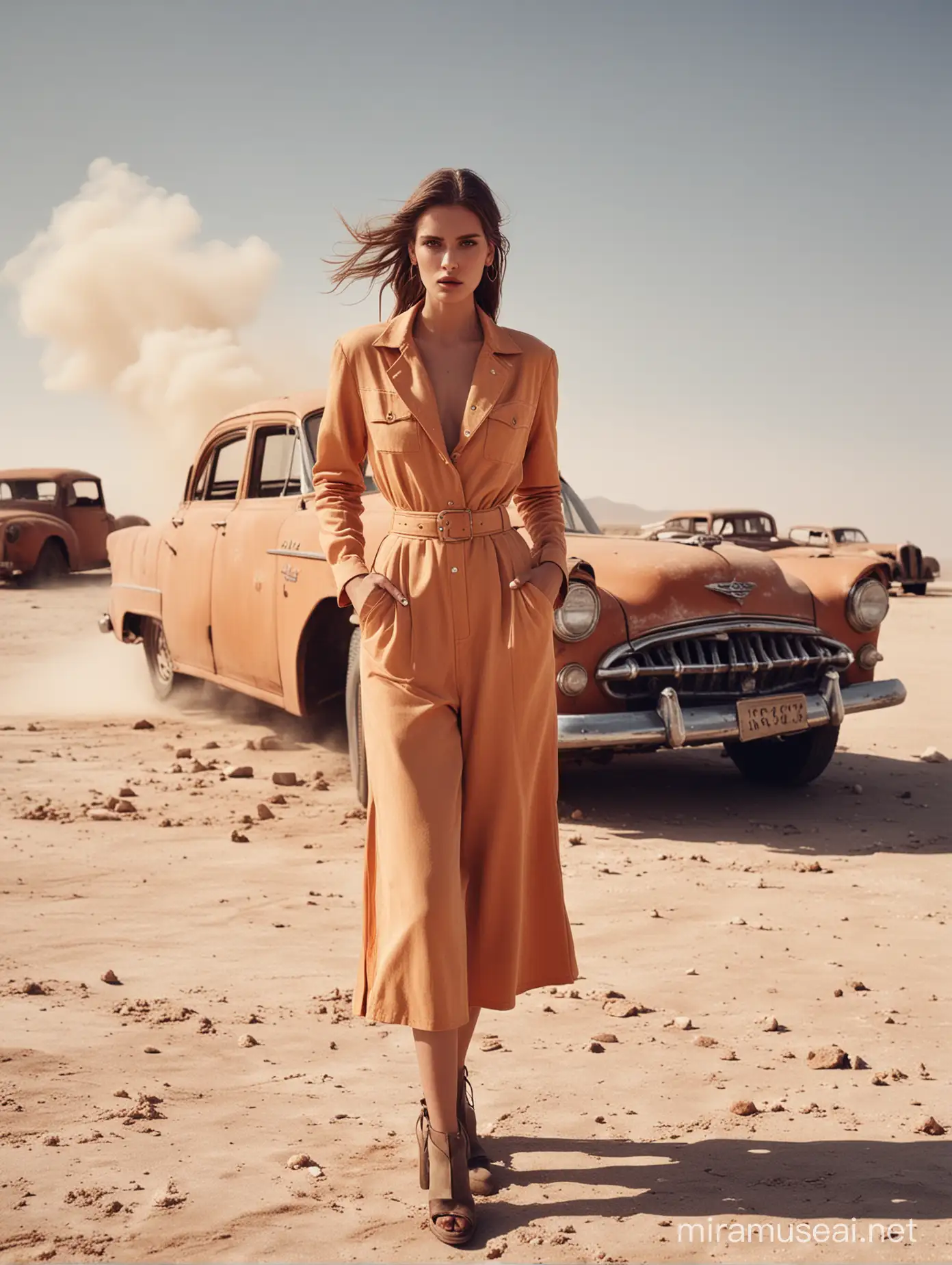 I want mood images in the style of a vogue magazine fashion shooting, showing an empowered woman what is standing in a salt desert with old cars that are set on fire. it should be very realistic and have a strong fashion editorial look to it that can be seen in a high class fashion magazine