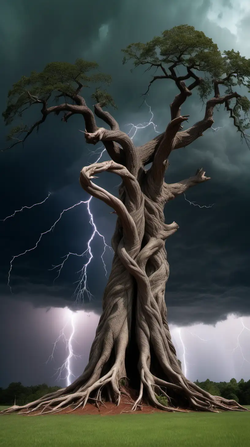 arbol gigante de dos troncos entrelazados partido a la mitad, en medio de una tormenta con cielo gris y rayos