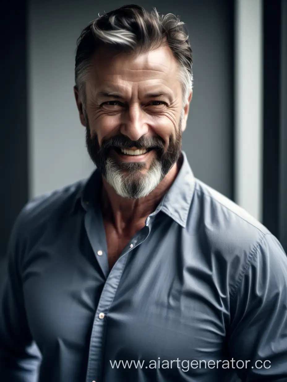 Fit, middle age man with beard and strong shoulders. Loose fitting button shirt. Sharp hair cut, dark hair and a smirk smile