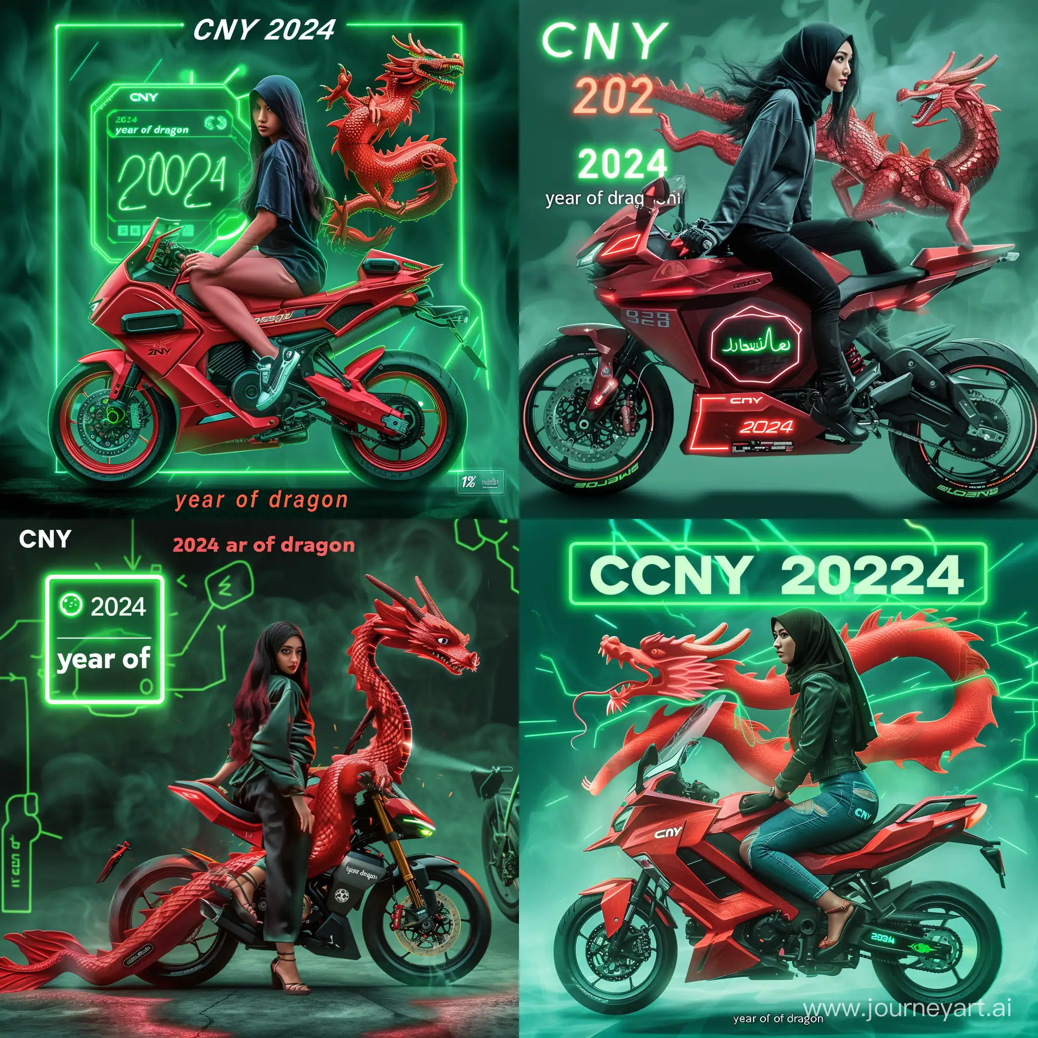 a “CNY 2024” Poster showing a realistic stunning Muslimah pose on a futuristic robotic motorbike inspired by red dragon with exact brand “year of dragon” a green Hologram of motorbike diagnosis progress 100%, neon lighning, raw, vibrant 