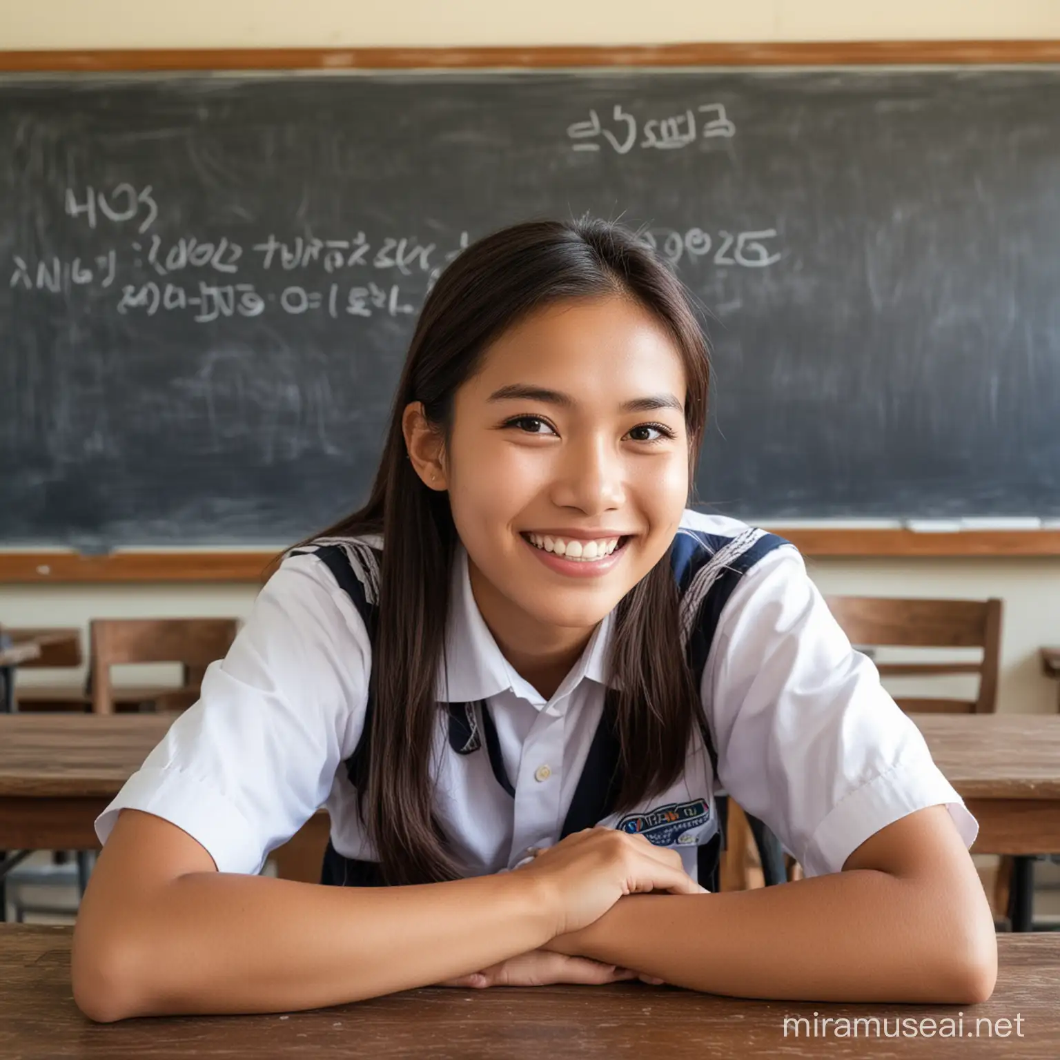 Thai high school girl student In a high school uniform from Thailand, sitting at a study table in a classroom. Sitting with a silly smile, showing off his teeth and dimples to the camera. On the back is a picture of a blackboard in a classroom in the country.
