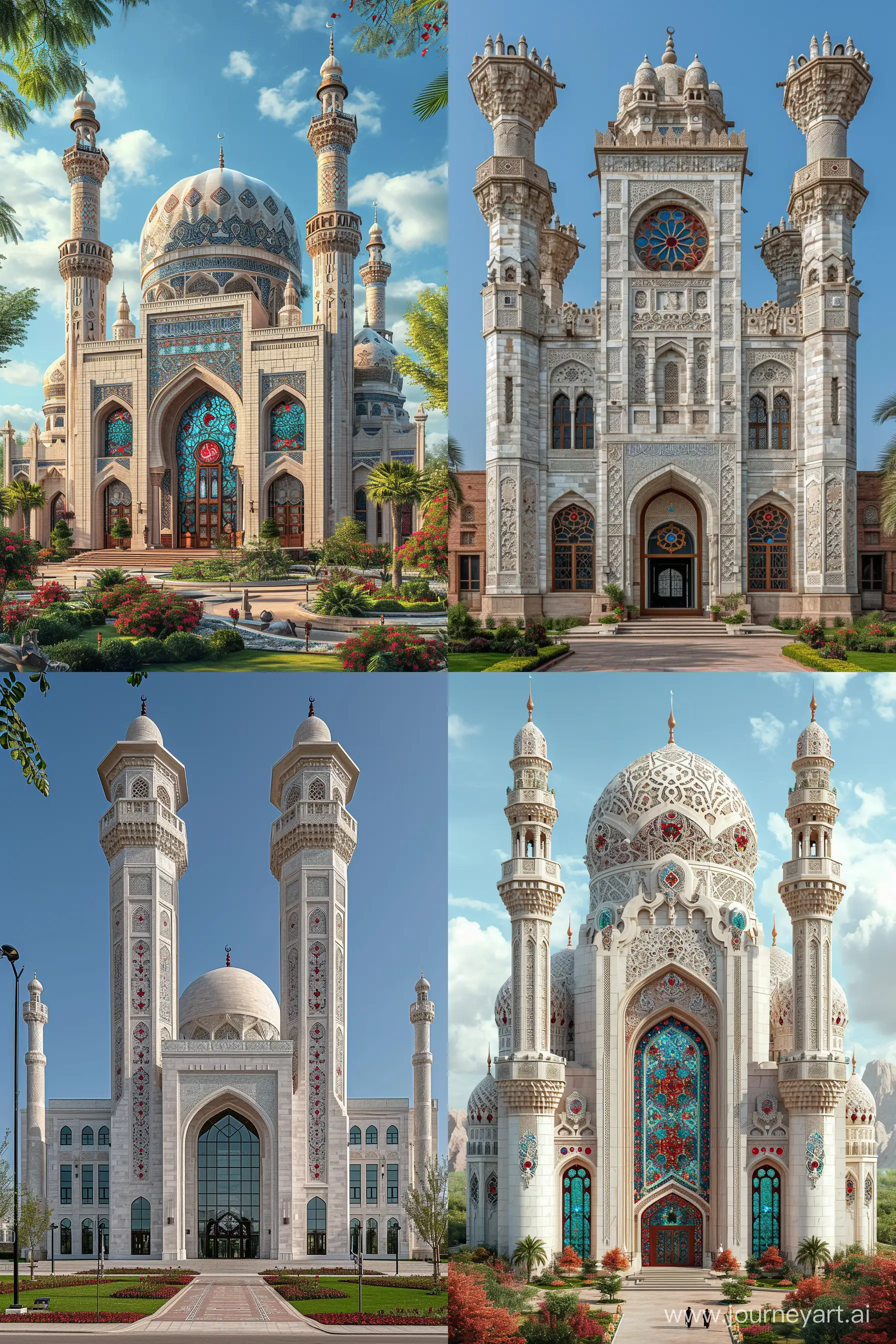 an Uzbekistan style multi level mosque, highly decorated with arabesque carvings, White marbled brick exterior, tall iwan with muqarnas, islamic stained glass windows, red blue persian floral design on spandrels, red blue gems and rubies embedded on islamic arabesque openwork ornaments, thin decorative minarets, many long decorative finials, full view, front view --c 33 --s 999 --v 6.0 --ar 10:15
