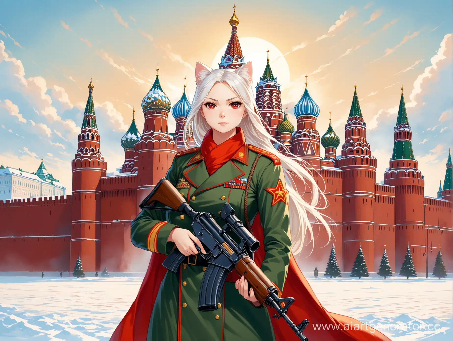 A cat girl in a Russian military uniform stands against the background of the historic Kremlin. Her aristocratic bearing, white hair and red eyes create a mysterious image filled with strength and pride. The USSR chevron on her uniform recalls the past of Russian history, and in her hands she holds an AK-47 assault rifle, symbolizing her willingness to defend her country. The combination of beauty and martial spirit makes this girl an unshakable and unsurpassed fighter, ready to take on the challenge of any event. Her presence against the background of the Kremlin symbolizes her commitment to the Motherland and her willingness to defend its interests by any means.