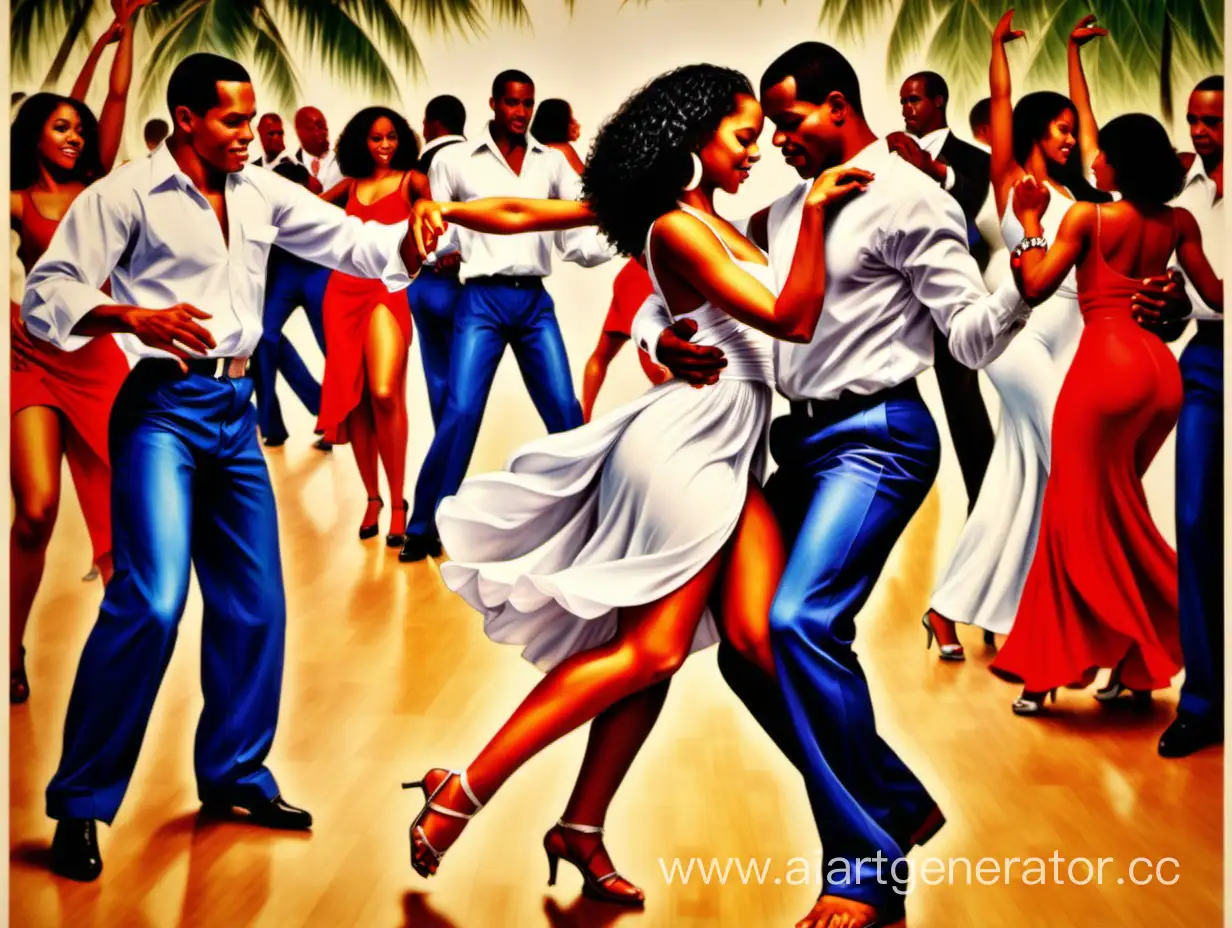 Плакат, где изображены люди из доминиканы, танцующие бачату. На плакате обязательно надпись  на русском языке "Миф: традиционная (доминиканская) бачата - это сплошной футворк, что делает танец сложным "