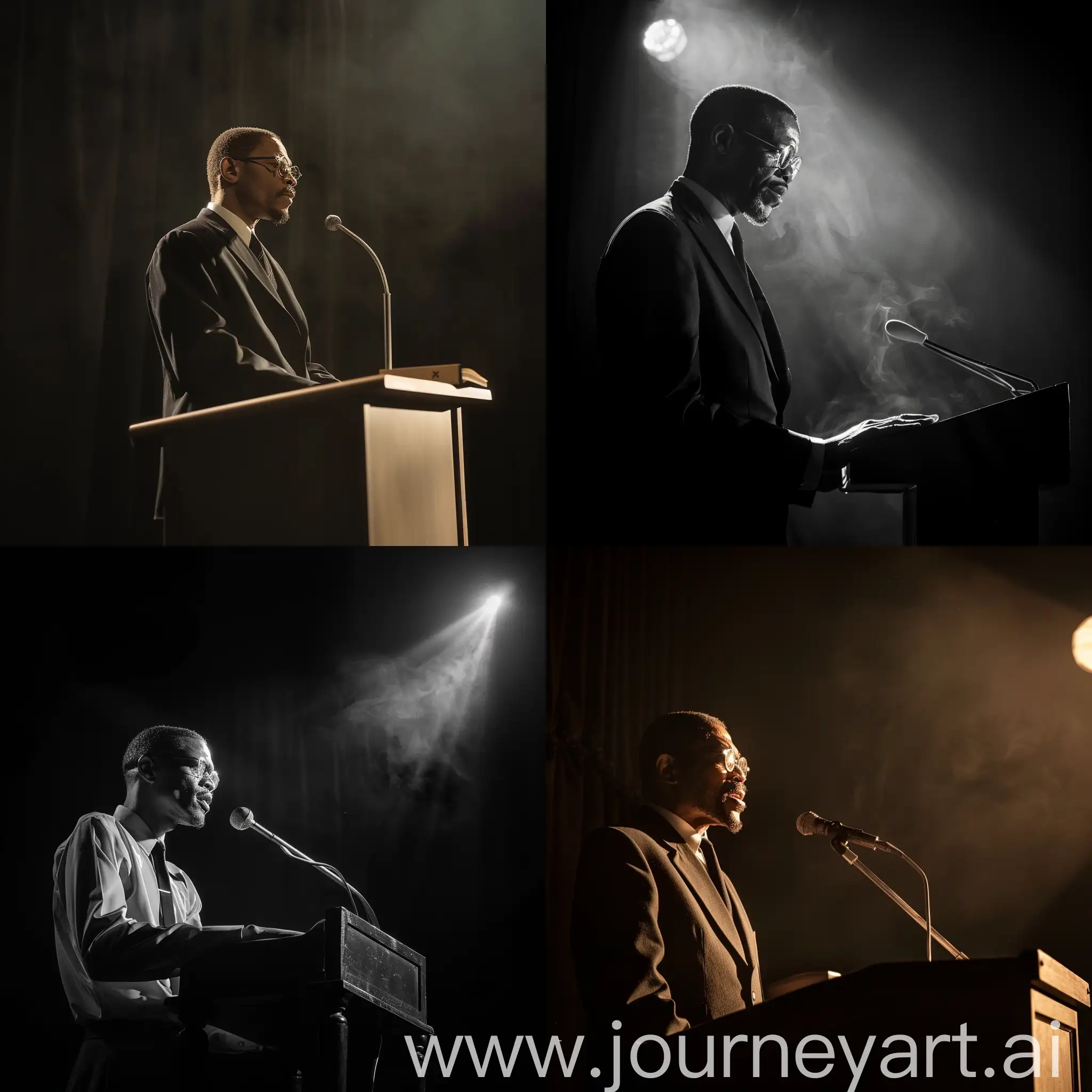 Malcolm X delivering a powerful speech at a lectern, cinematic lighting, realistic image