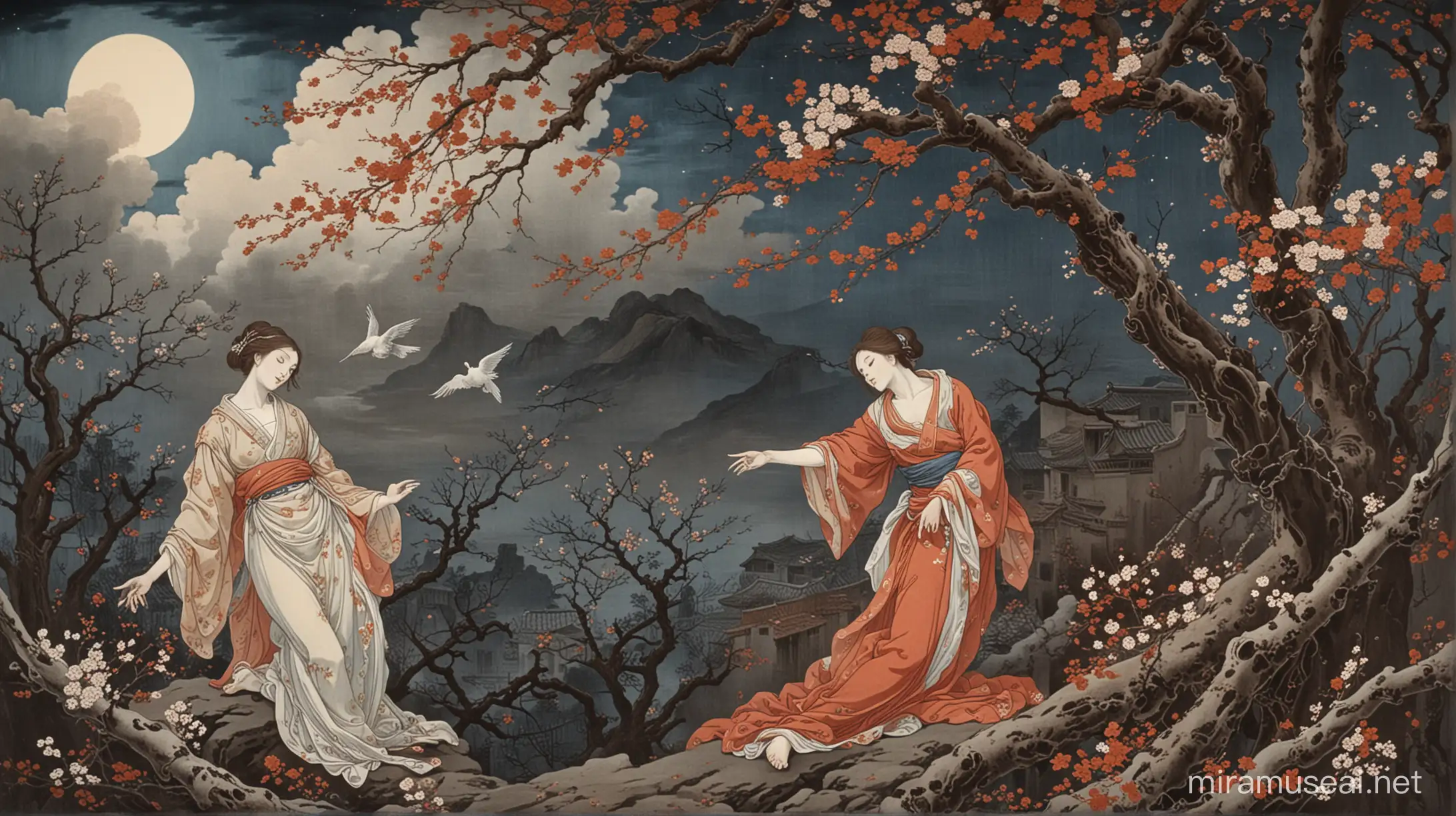 The death scene of Romeo and Juliet in each other's arms. Bloody sky and some withered branches and flowers. Hukusai style