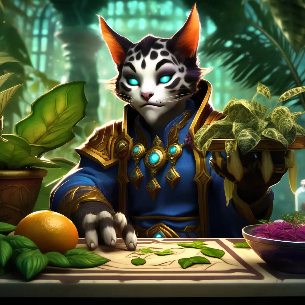 short feline humanoid character casting over a table with plants and other holistic ingredients, stylized world of warcraft cinematic wow movie style, world of warcraft tcg art