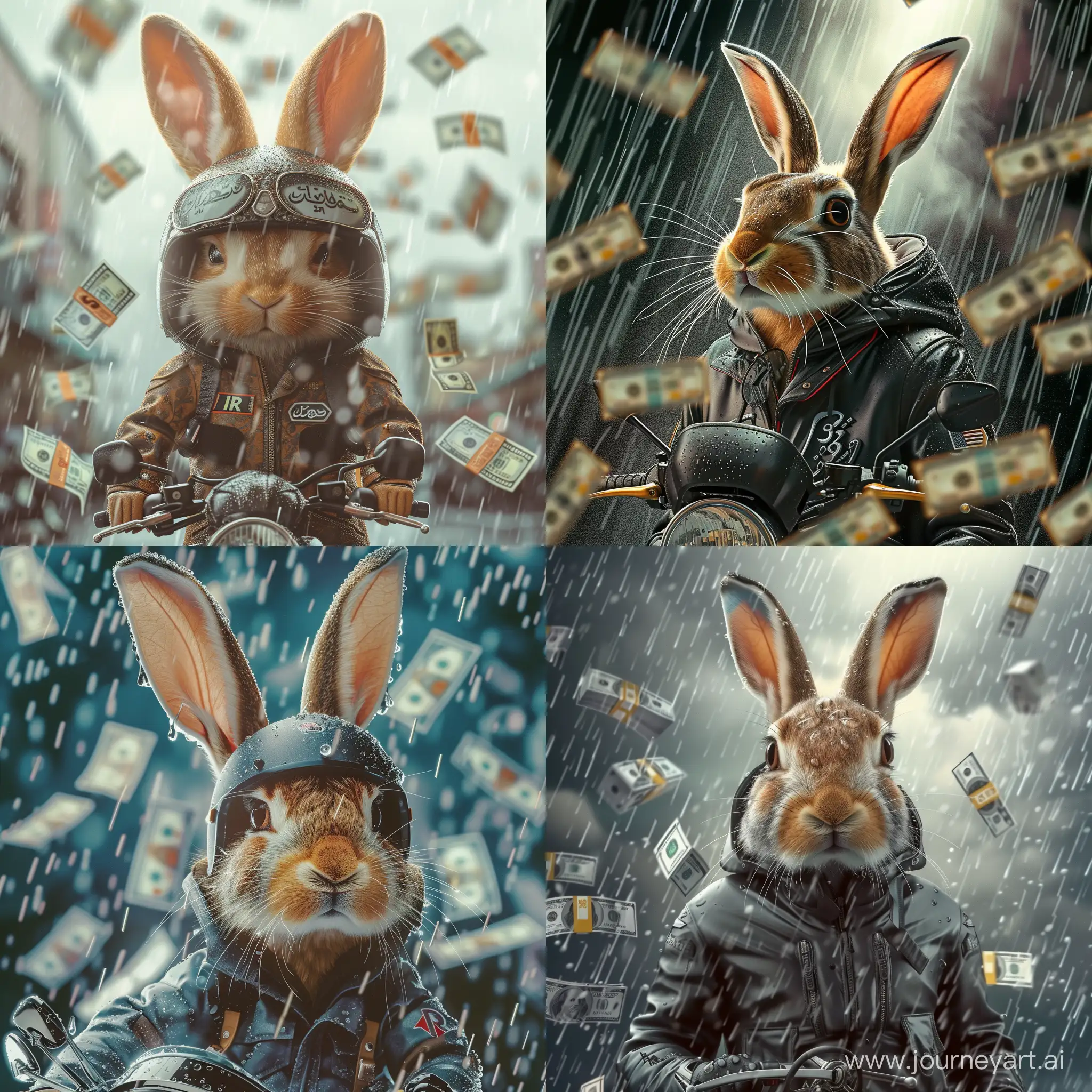 a cute and appealing hare wearing a motorcyclist outfit in the rain, surrounded by Rial cash prizes from a lottery