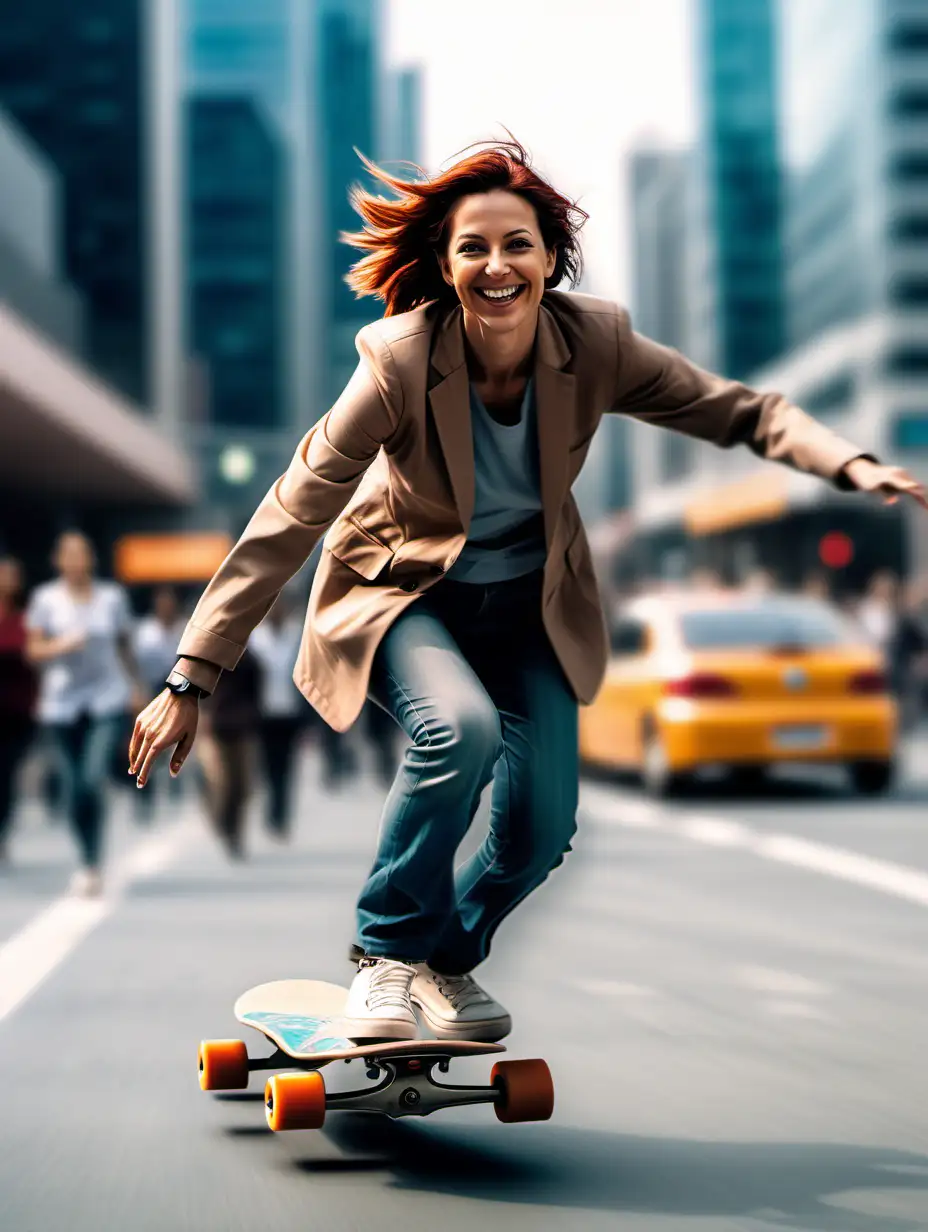  create an image of an average looking 40 year old woman dressed in work clothes on a skateboard skating fast through a busy futuristic city, towards us, smiling. The scene behind the chatbot is blurred