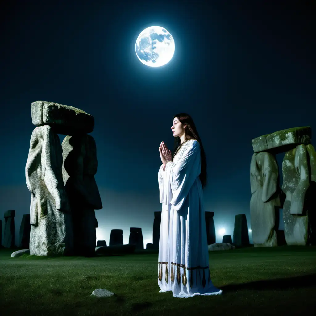 An ancient priestess is standing at Stonehenge stone circle, she is wearing very ancient robes, it is night time, she has her hands in prayer the moon and saturn is above