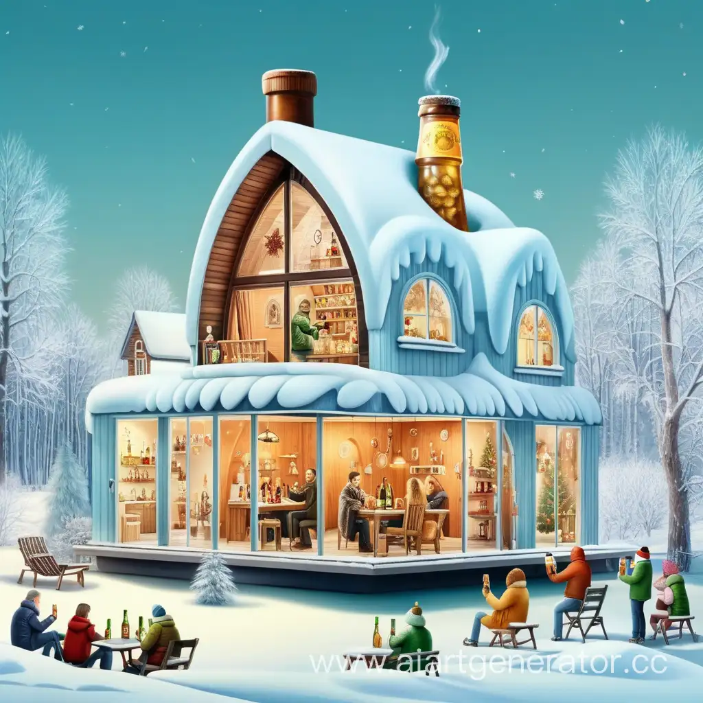 Winter dacha house in the shape of a bottle of alcohol. Friends, fun, party, surrealism. people, beer, vodka