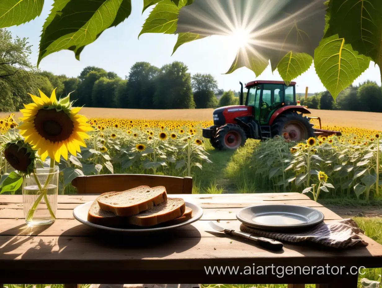 a sunflower meadow in which a tractor is eating in the background, in the foreground there is a wooden table in which there is a plate with old bread, tree branches are visible from two old trees, the sun is shining brightly