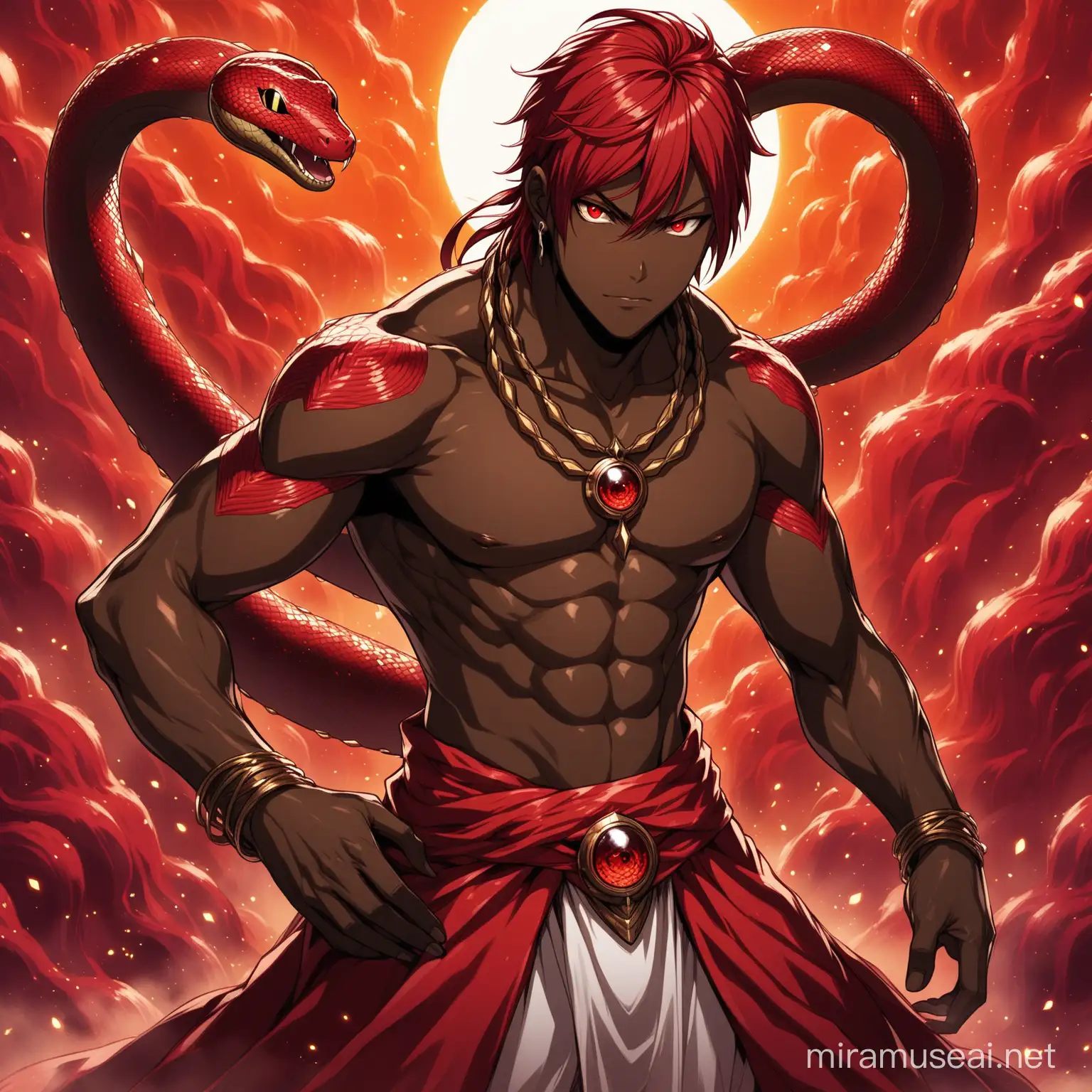 In the style of Kentaro Miura, envision a character resembling Veldora's human form from "That Time I Got Reincarnated as a Slime". His dark skin tone is striking, but it's his piercing red snake-like eye that truly sets him apart. Poised for battle, his hands and eyes are meticulously detailed, conveying both power and determination. Despite his human appearance, his singular snake eye hints at a mysterious otherworldly nature, adding depth to his formidable presence.The character wear normal cloth